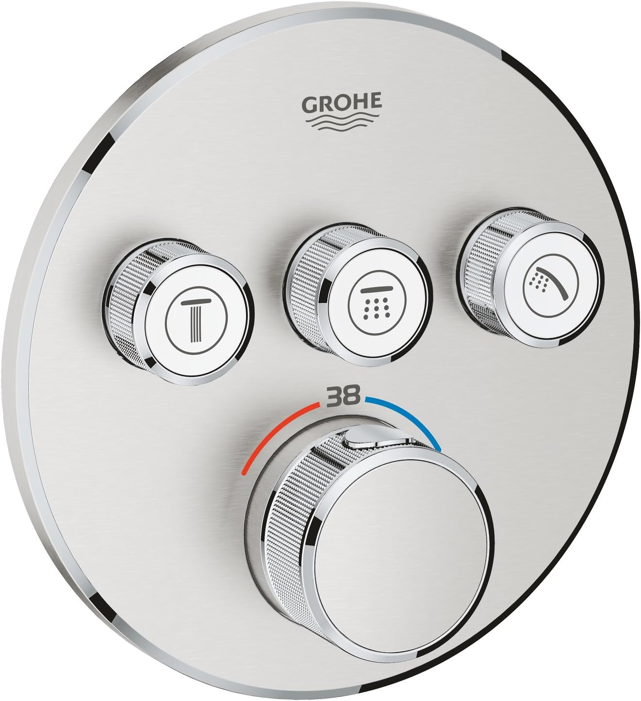 GROHE Grohtherm Smartcontrol - Concealed Square Thermostat for Shower or Bath (3 Valves, Push for ON-OFF, Turn for Volume Adjustment, Safety Button at 38&deg;C, Requests Rapido Smartbox), Chrome, 29126000