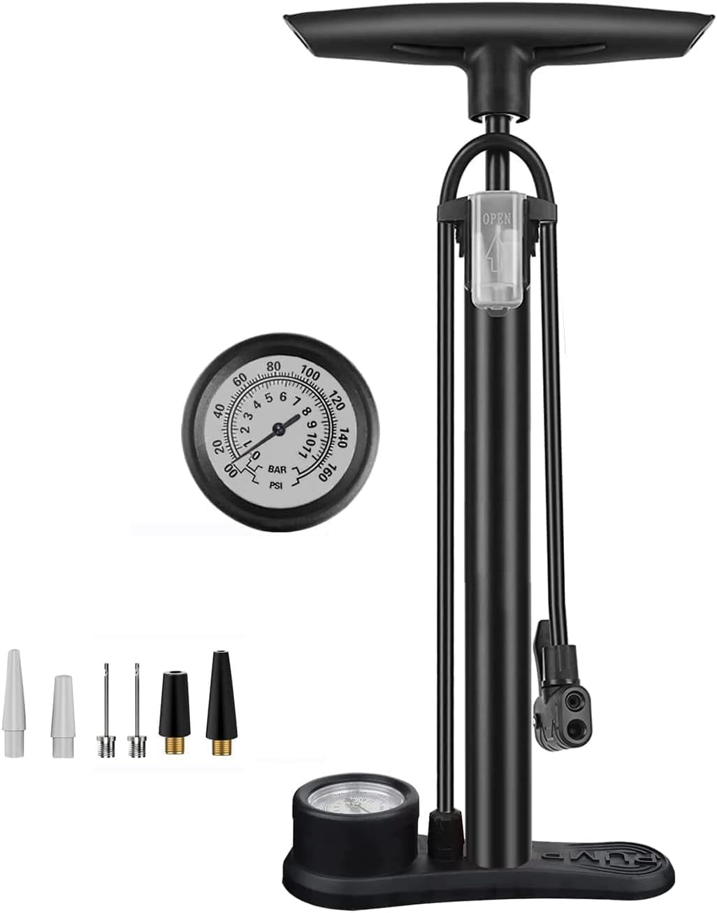 Bike Pump with Gauge 160 PSI - Dual Valve (Schrader/Presta) with Gauge | Includes Tire Repair Kit & Nozzles | Floor Pump for Road/Mountain Bikes image number 1