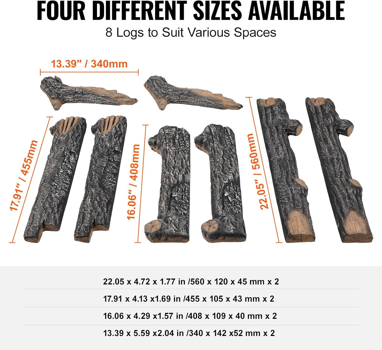 VEVOR 8 Pcs Oak Logs, Gas Fireplace Ceramic Logs for Fire Place, Heat-Resistant Wood Log Gas Realistic Logs, Stackable Wood Branches for Gas Fireplace, Firebowl Indoor or Outdoor image number 5