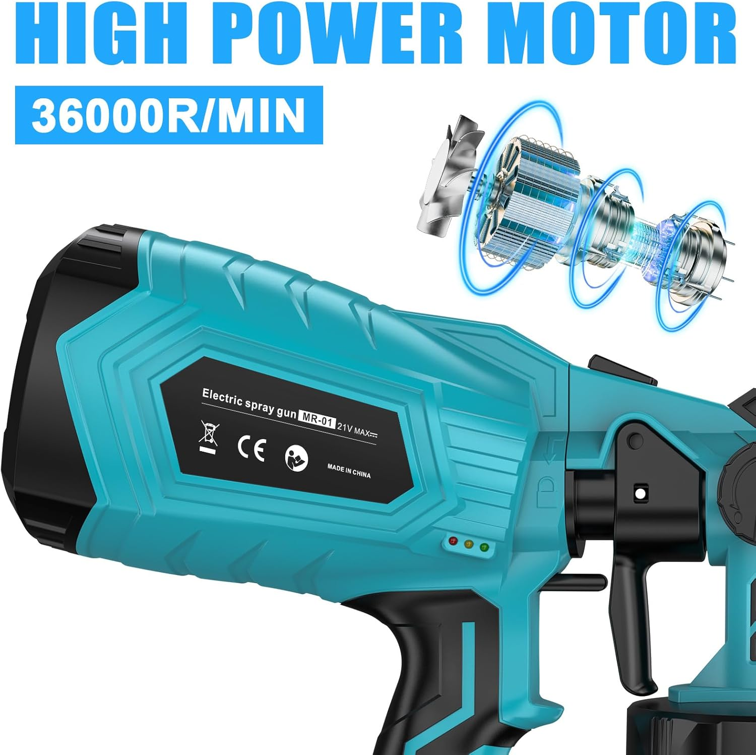 Aryee Cordless Paint Sprayer, 18V with 1000ML Container, 2 Batteries, 3 Nozzles, 36000RPM High Power Motor, Multiple Spray Patterns for House and Furniture Painting image number 2