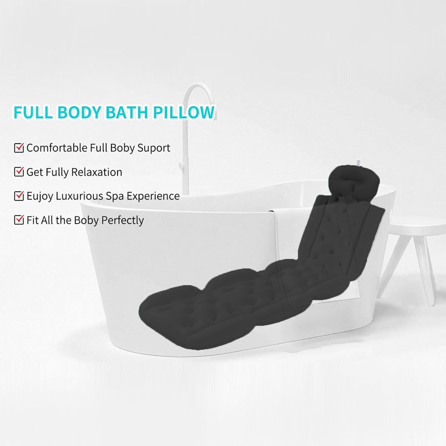 Full Body Bath Pillow, Ergonomic Design Non Slip Base, 132Cm Length, 3D Air Mesh, for Bathtubs, Swimming Pools, Hot Springs (Black) image number 1