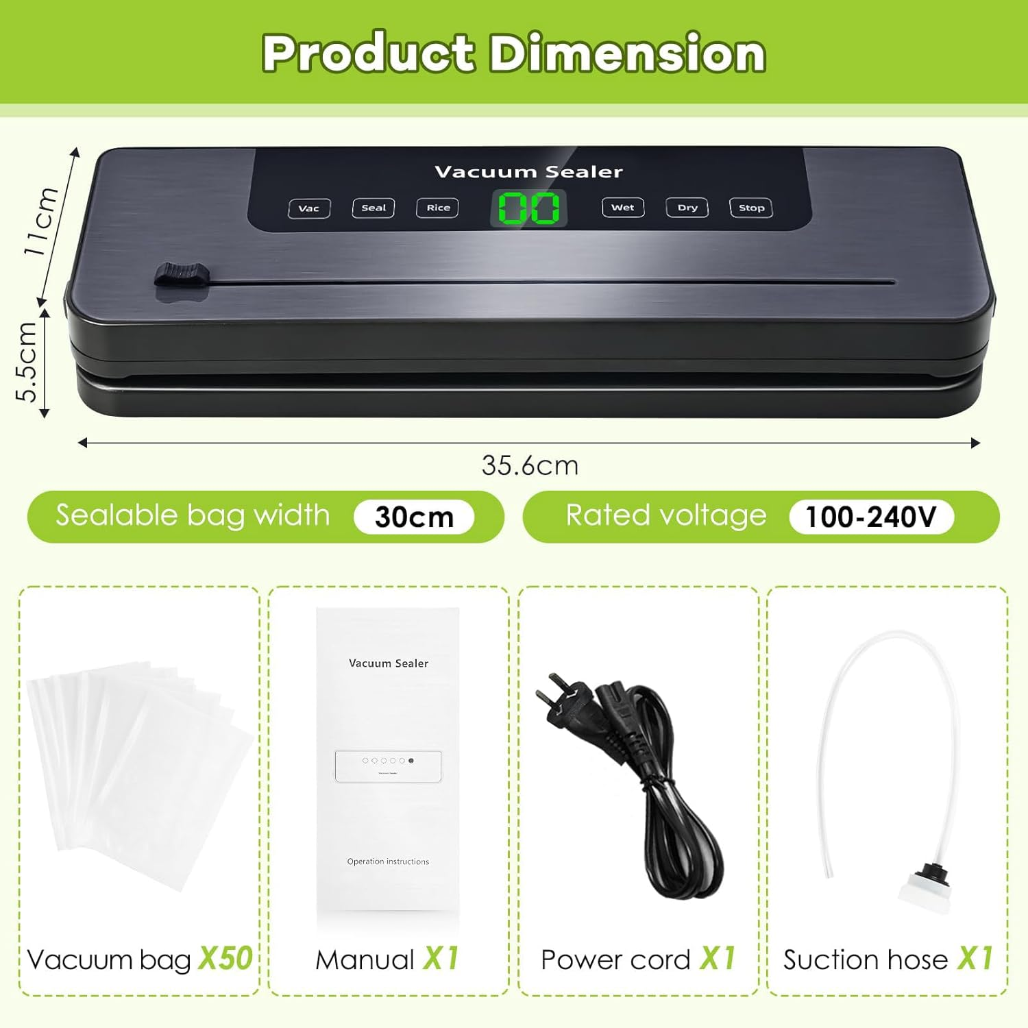 TOJUNE Vacuum Sealer Machine Set, 30 Cm Longer Seal, 65Kpa Powerful 6 in 1 Automatic Air Sealing for Food Storage and Sous Vide with 50 Pcs Bags, Built-In Cutter and LED Display, AU Plug 220V (Grey) image number 1