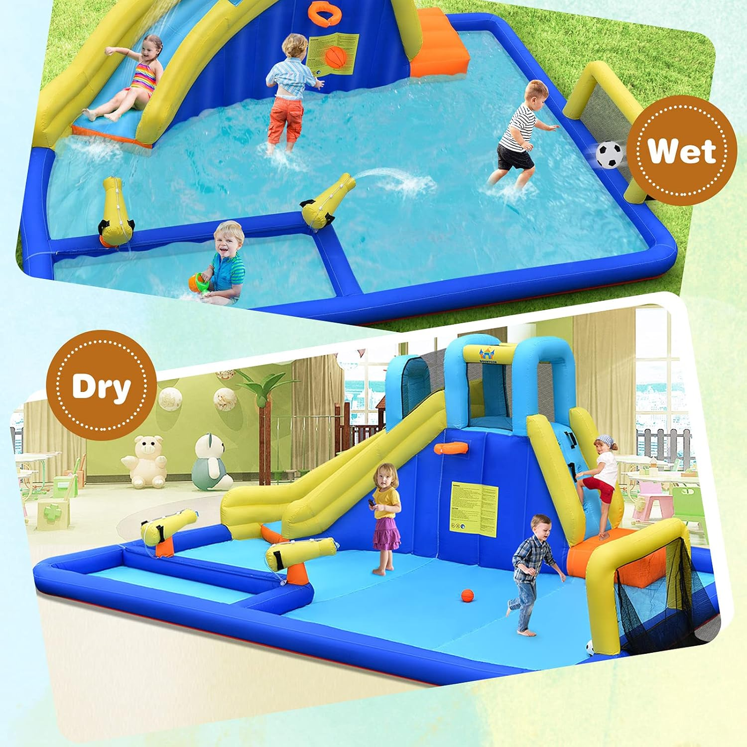 HONEY JOY Inflatable Water Slide for Kids, 6-In-1 Kids Giant Water Park W/Large Water Soccer Splash Pool, Water Cannons, Basketball Rim, Blow up Kids Water Slide for Backyard (With 680W Blower) image number 3