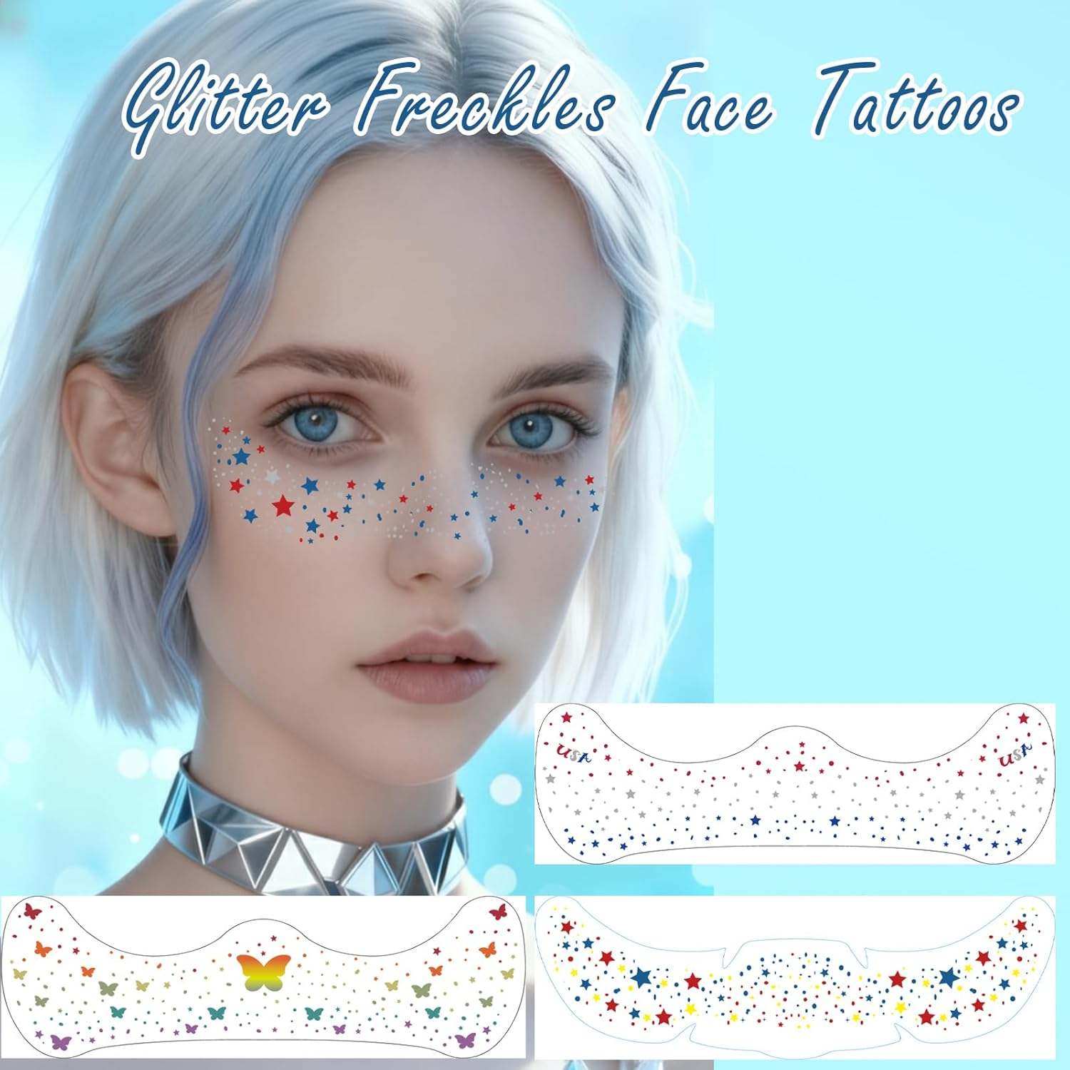 Face Glitter Temporary Tattoos, Pride Freckles Face Tattoo, Glitter Sticker, Rainbow Stars Hearts Butterflies Design, Parade Festival, Pride Day (10 Sheets) image number 3