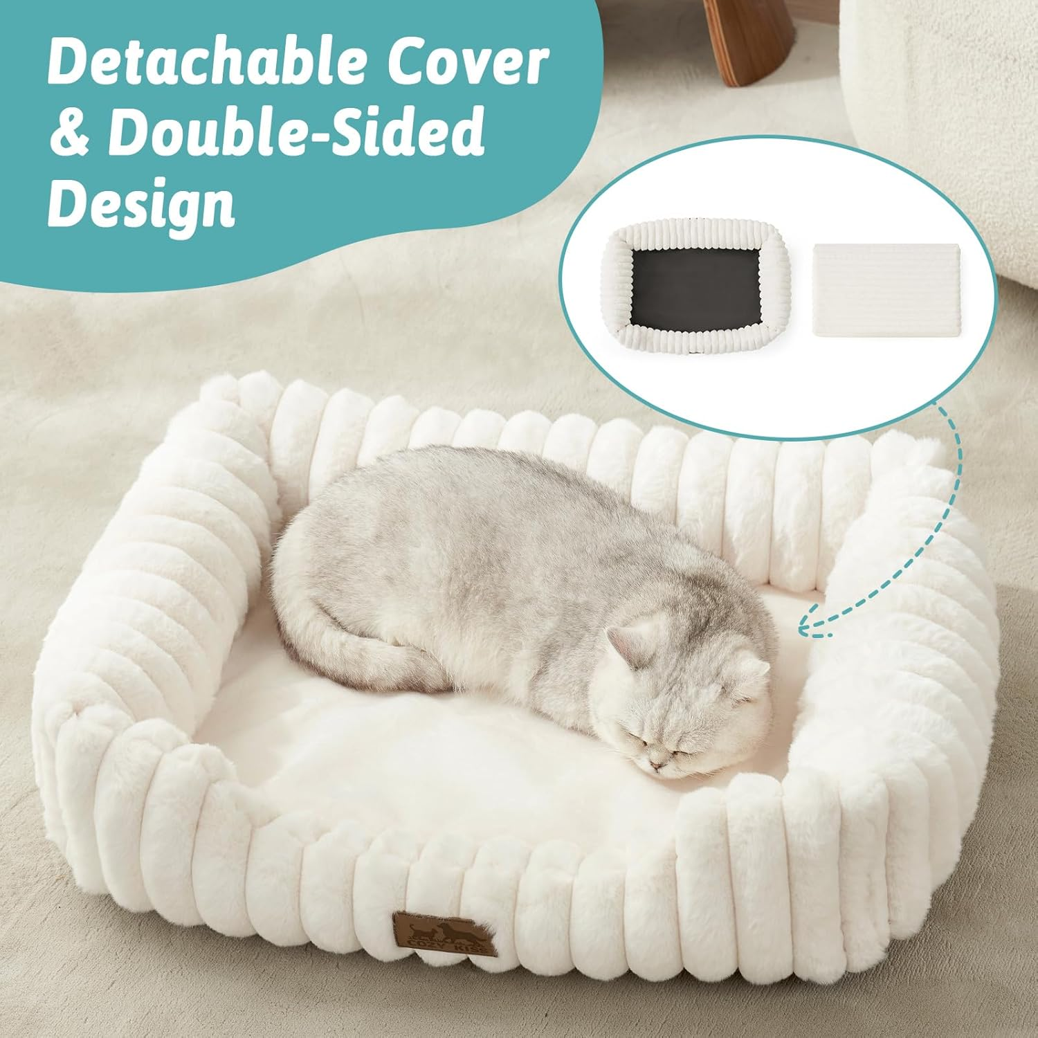 Orthopedic Dog Bed for Small Dogs & Cats - Washable Rectangle Pet Bed with Anti-Slip Bottom, Soft Calming Cat & Puppy Bed for Indoor Pets (64X53X15 Cm, Cream) image number 2