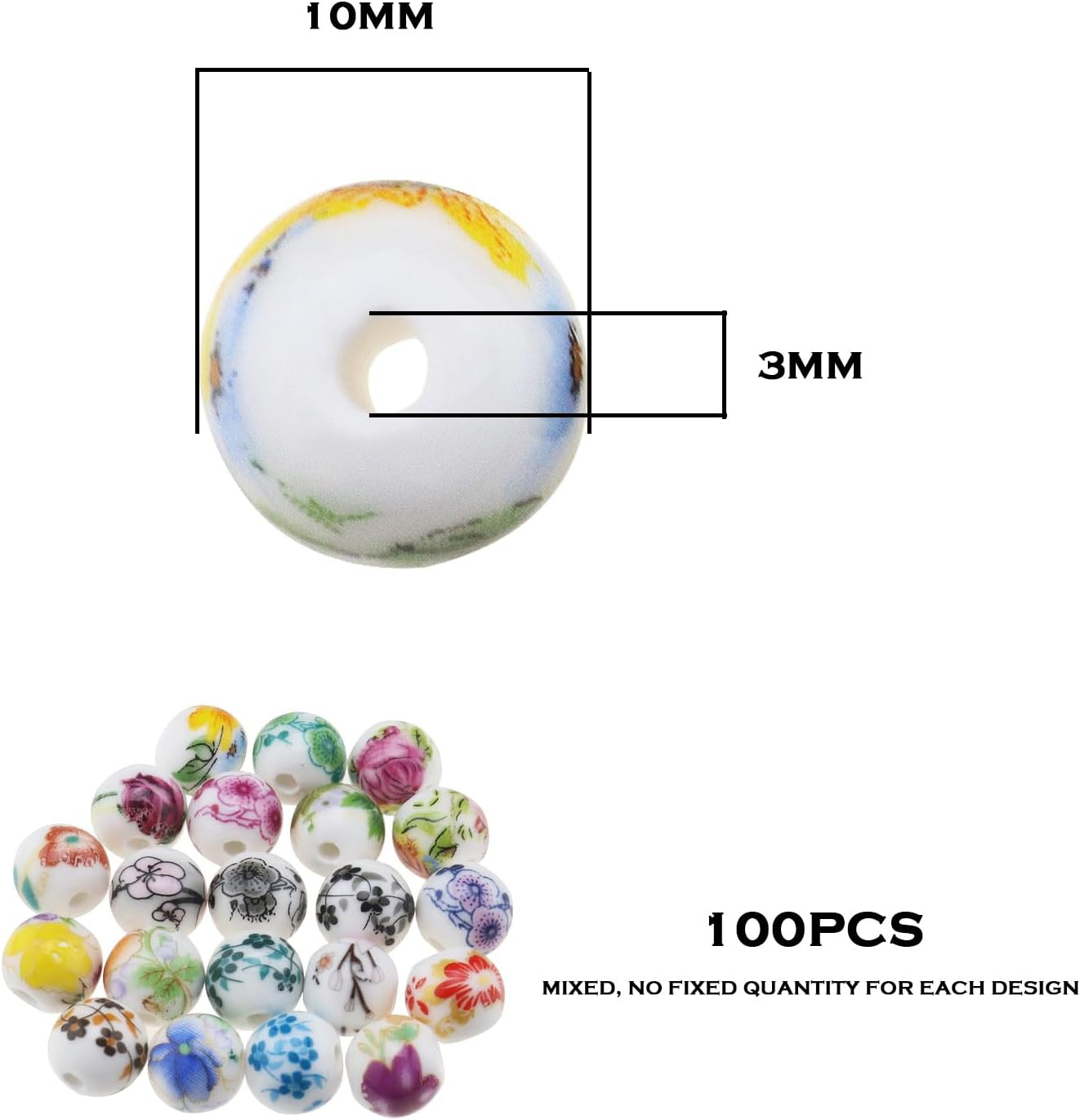 100Pcs round Ceramic Beads 10MM Colourful Flower Porcelain Beads 3MM Hole for DIY Earring Bracelet Necklace Jewelry Making image number 2