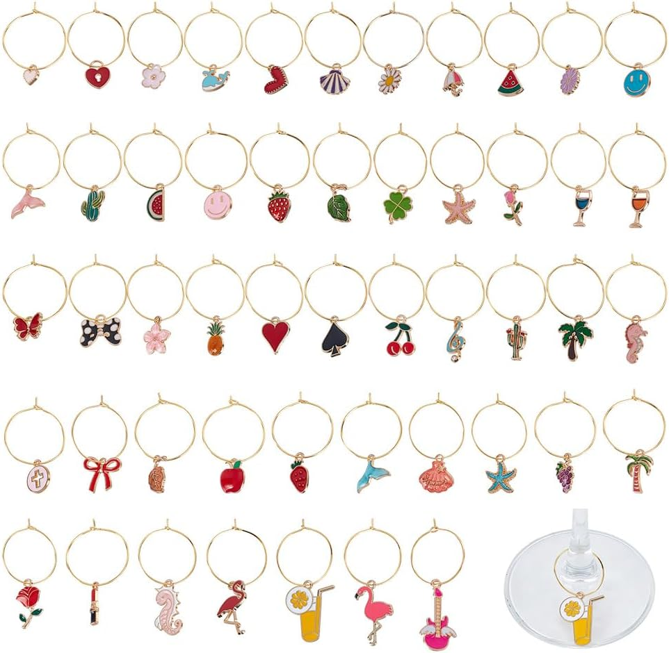 HOBBIESAY 50Pcs Wine Glass Charms with 50Pcs Hoops Unique Drink Markers Assorted Drink Identifiers Mixed Style Wine Charms Accessories for Party Cocktail Wedding and Wines Tasting Events