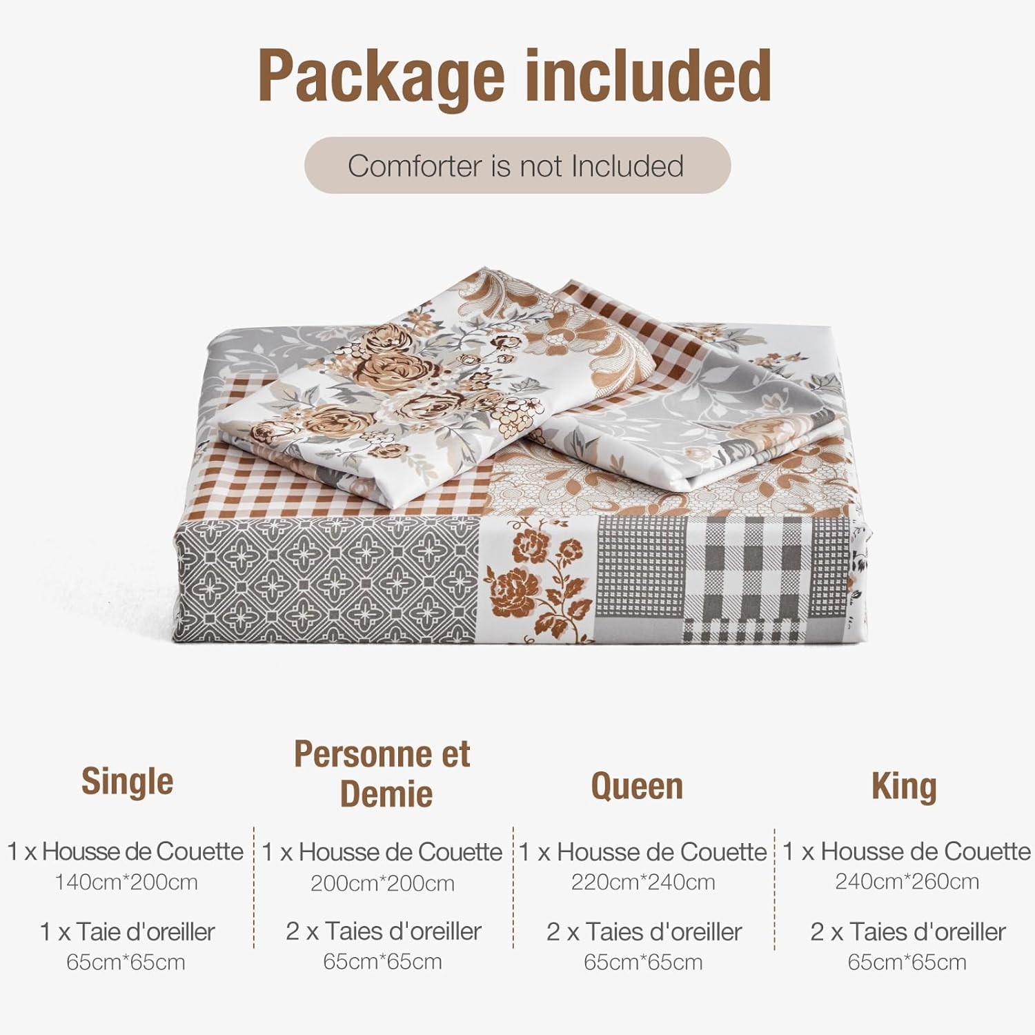 Tokokimo Duvet Cover 220 X 240 Cm with 2 Pillowcases 65 X 65 Cm - Bohemian Patchwork Floral Pattern - 100% Microfibre Bedding Set 220 X 240 Cm for Adults with Zips, Khaki image number 6