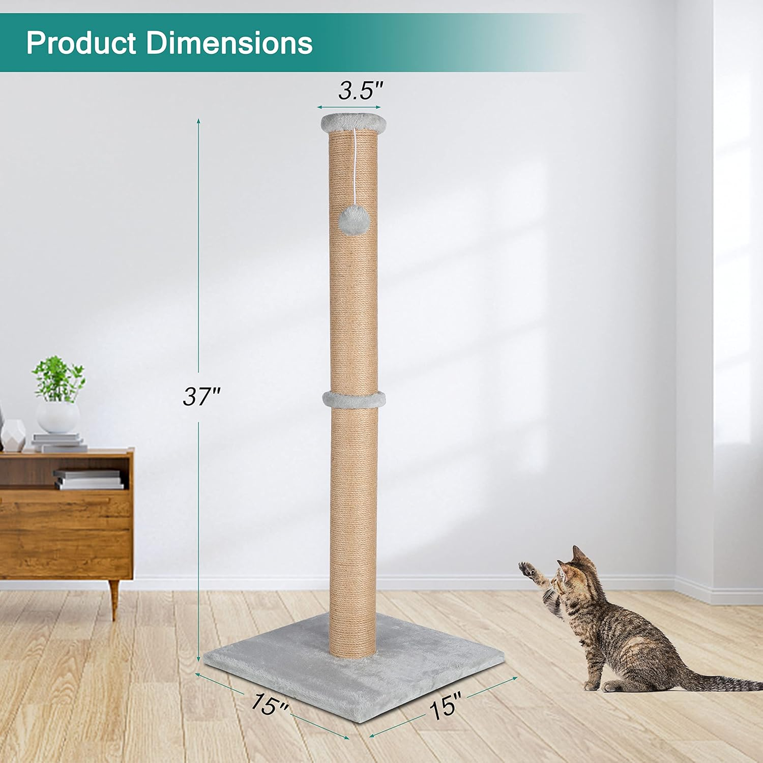 Fluffydream 37'' Cat Scratching Post, Natural Sisal Rope Scratcher with Dangling Teaser Ball and Covered with Soft Plush for Kittens and Adult Cats, Sand Color (Cat Tree 37") image number 6