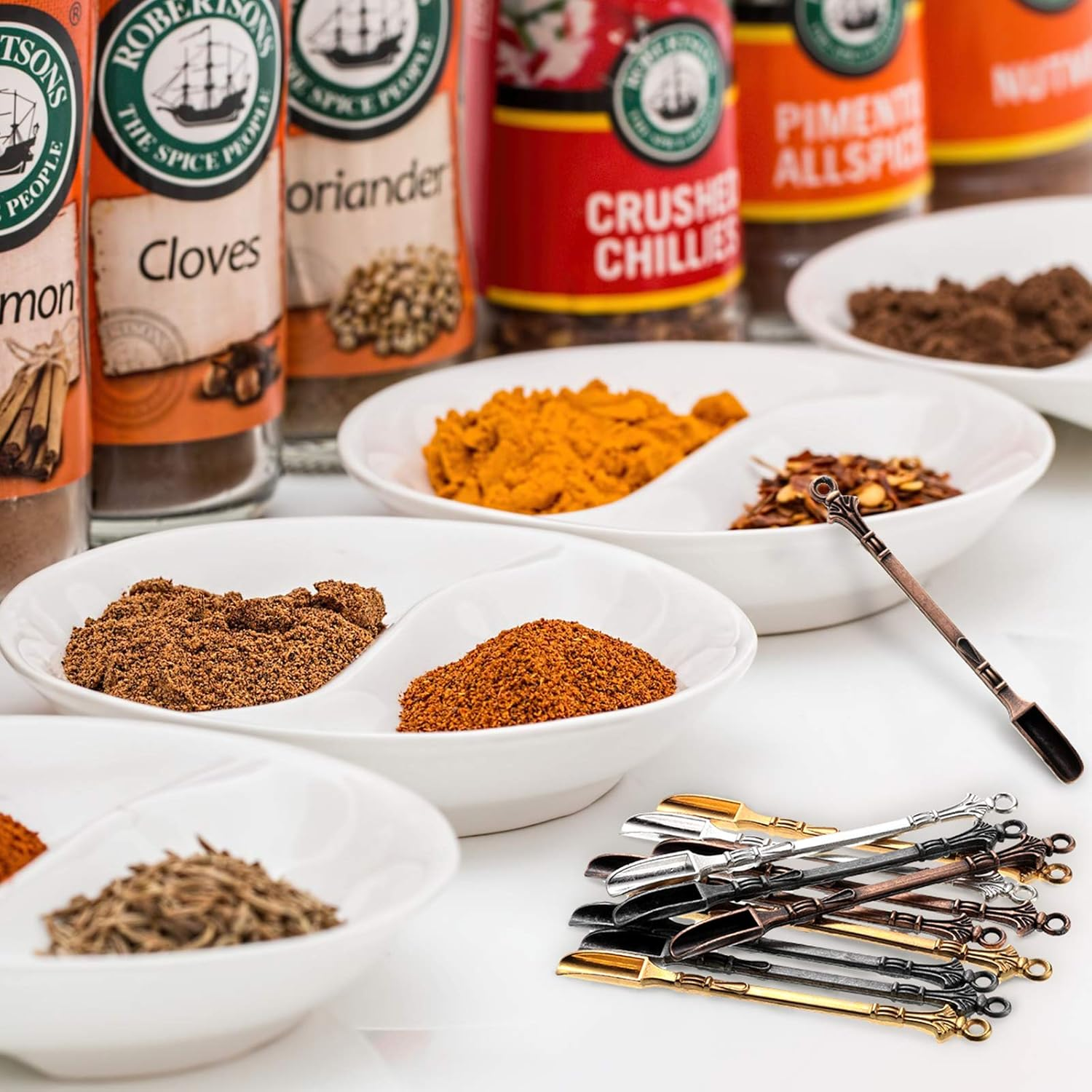 Honoson Spoon Mini Shovel Spice Spoon, Tableware Charm, Pendants Necklace Mini Shovel for Filling Home Supply Necklace Spoon, Gold, Silver, Antique Brass, Black Gray(24 Pieces) image number 4