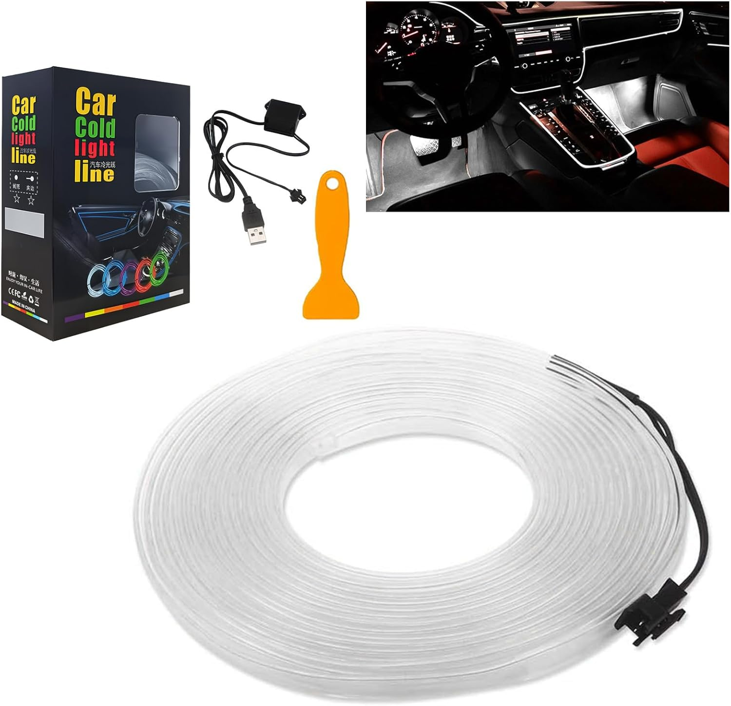 5M EL Wire Car LED Interior Strip Light USB Neon, USB Powered Neon Ambient Light Kits for Auto Indoor Gap Decorations Dashboard Accessories & Decor (White)