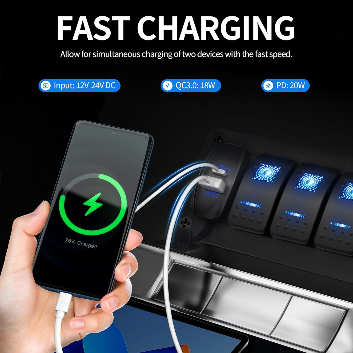 DAIERTEK USB Rocker Switch 12V Waterproof USB C & QC 3.0 Dual Ports Outlet PD Charger Socket for Car, UTV, RZR, RV, Truck, Marine image number 1