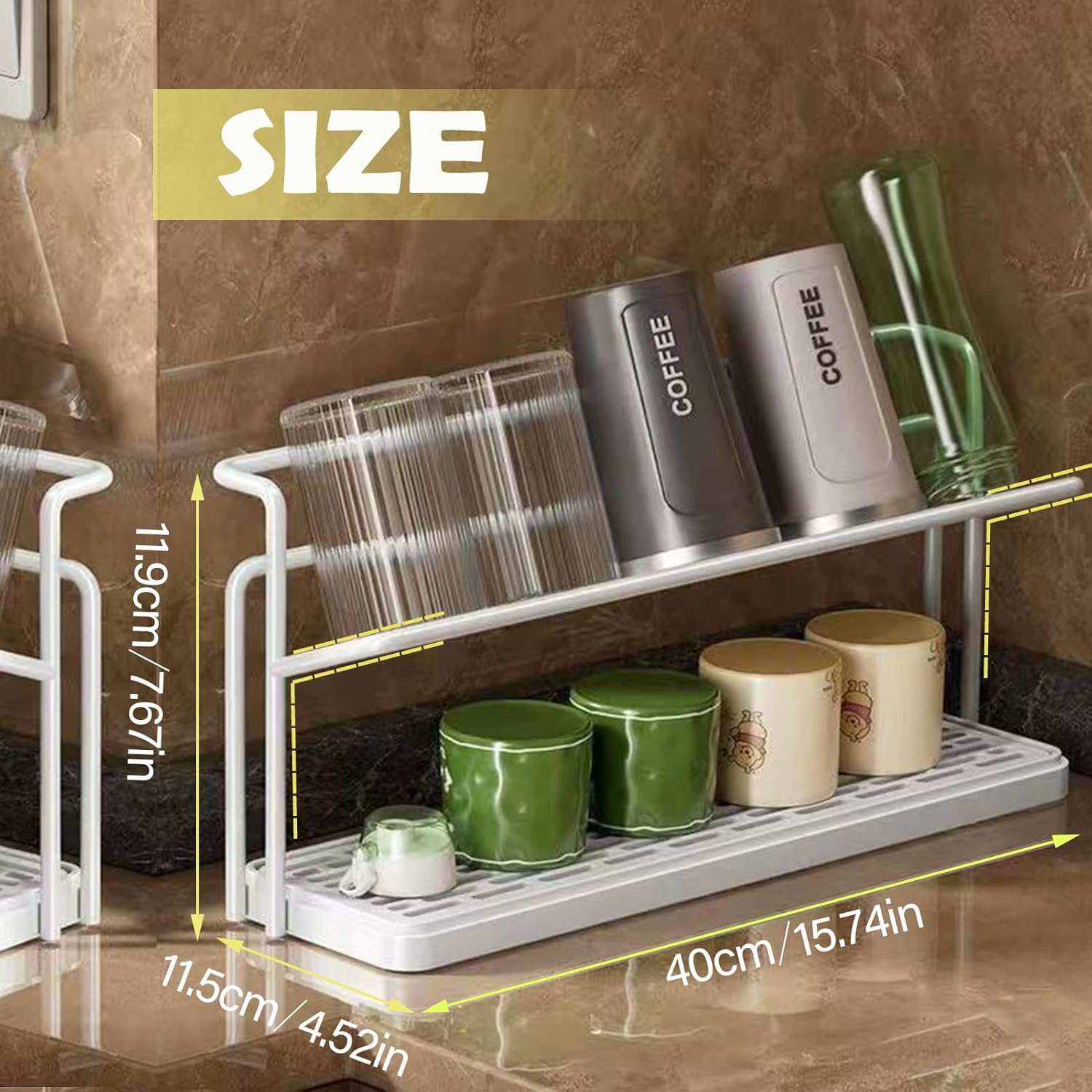 2-Tier Cup Drying Rack, Draining Organiser with Storage for Mugs and Bottles, White image number 5