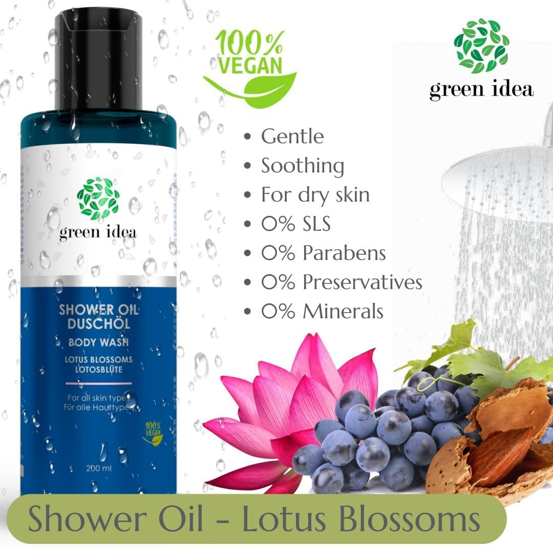 Green Idea - Shower Oil Lotus Flower | No Soap | Vegan | SLES Free | Gentle, for Sensitive Skin | Nourishing Grape Seed Oil | No Drying Out Sweetener | Free from Preservatives 200 Ml image number 1