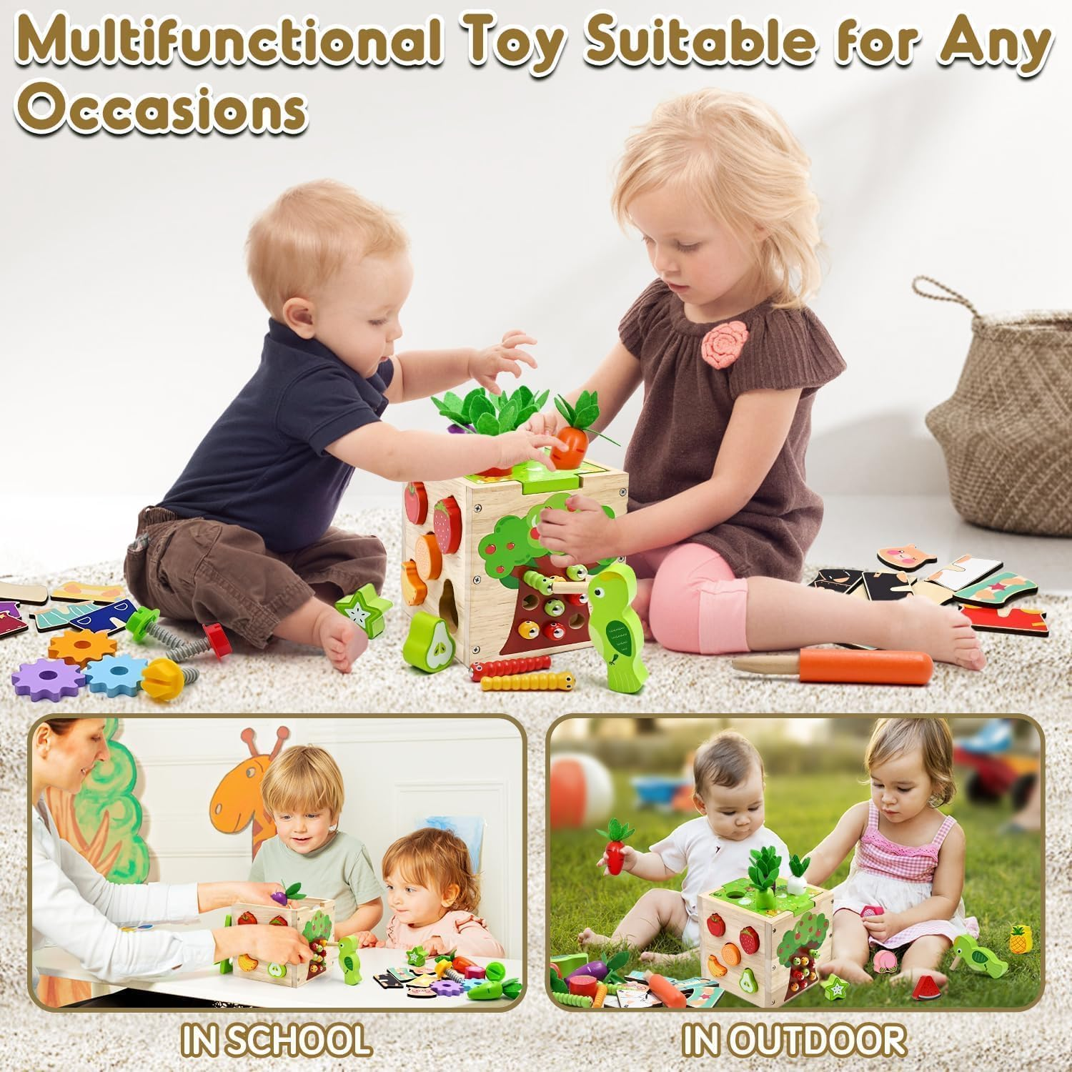 Montessori Wooden Educational Toys, Wooden Activity Cube Center Toys, Baby Toy 6 to 12 Months, Preschool Learning Activities, Fine Motor Skills Sensory Toys for 2 3 4 Year Old Boys Girls image number 1