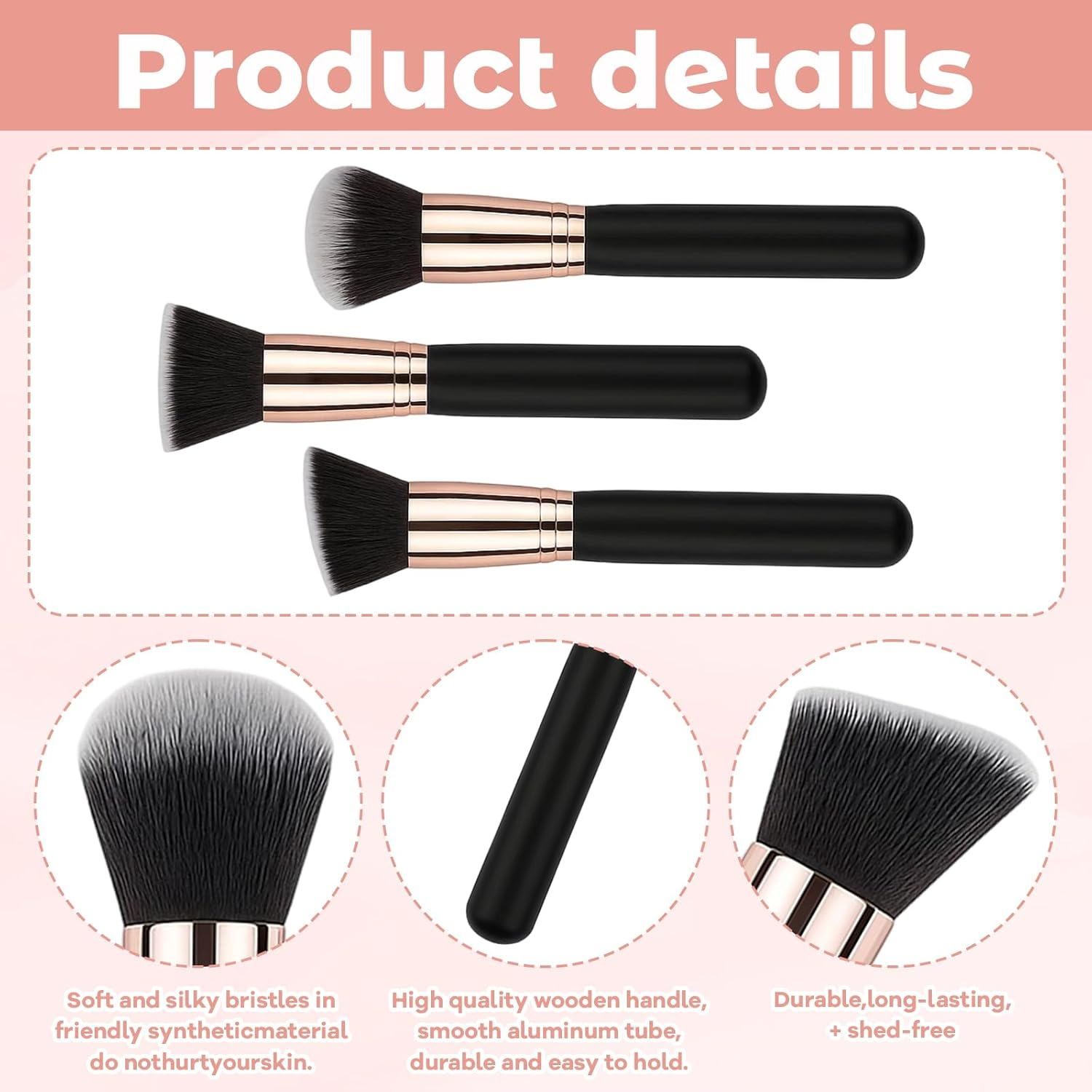 3 Pieces Kabuki Foundation Brush Flat Top Professional Face & Body Makeup Brush for Liquid