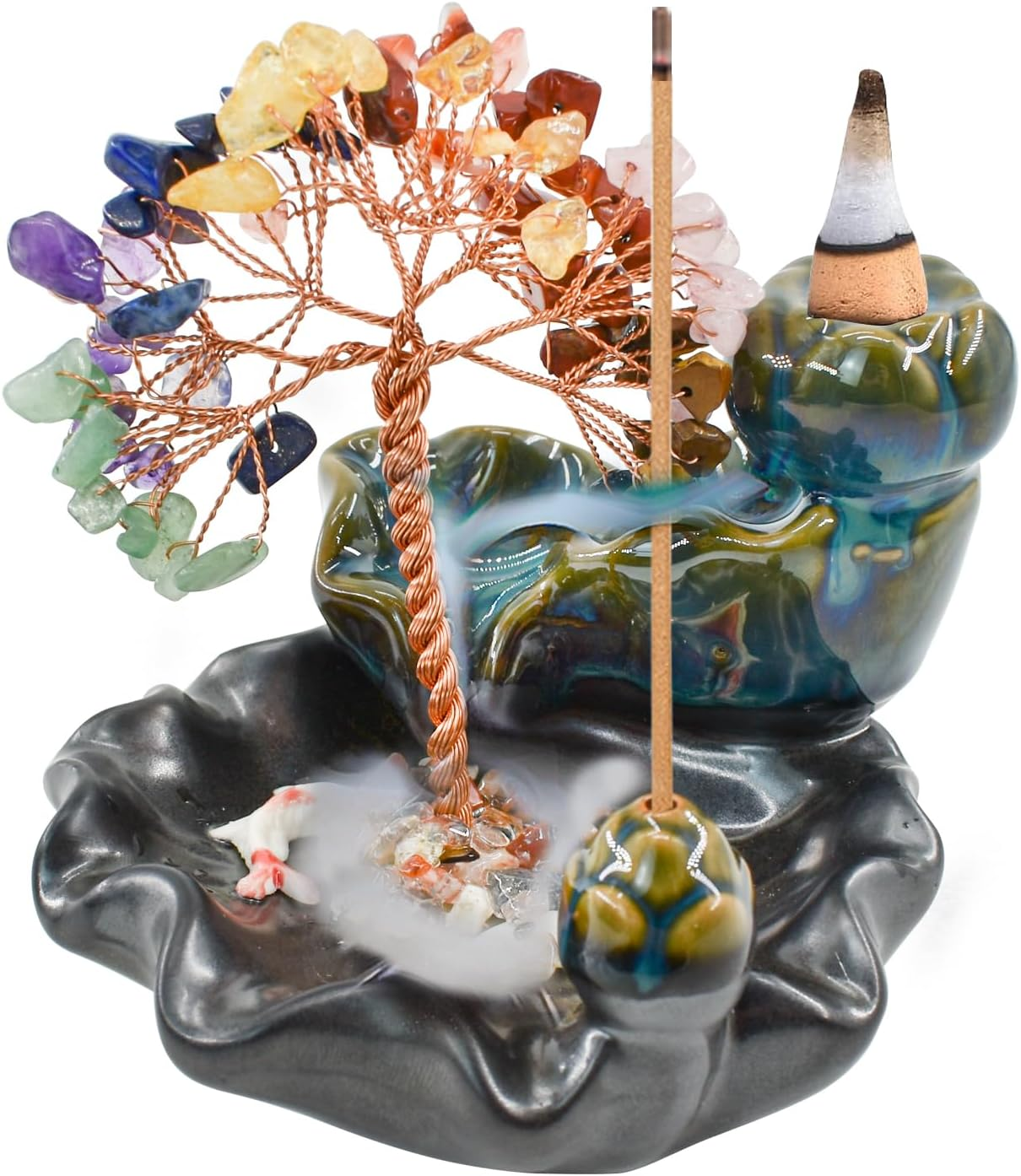 Mrmrkura Backflow Incense Burner, Ceramic Incense Waterfall Burner with 7 Chakras Healing Crystals Tree Fountain Incense Holders for Yoga Meditation Home Decor (Vertical) image number 6