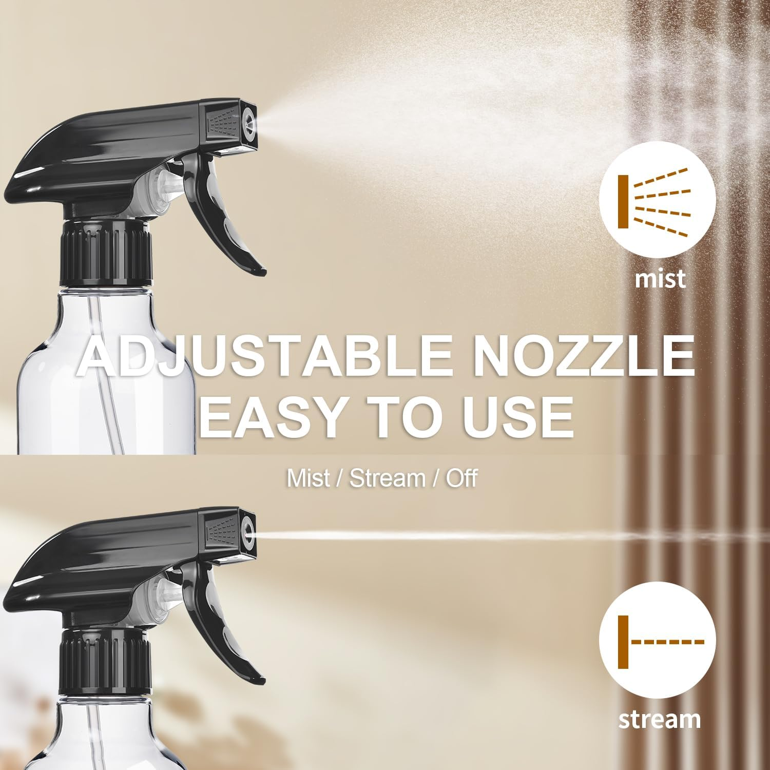 Uineko Spray Bottles 2-Pack, 10 Oz, Mist & Stream, Heavy Duty Spraying Empty Water Sprayer Bottle, BPA Free Plastic Refillable Containers for Cleaning Solutions, Plants, Hair, Essential Oils (Clear) image number 2