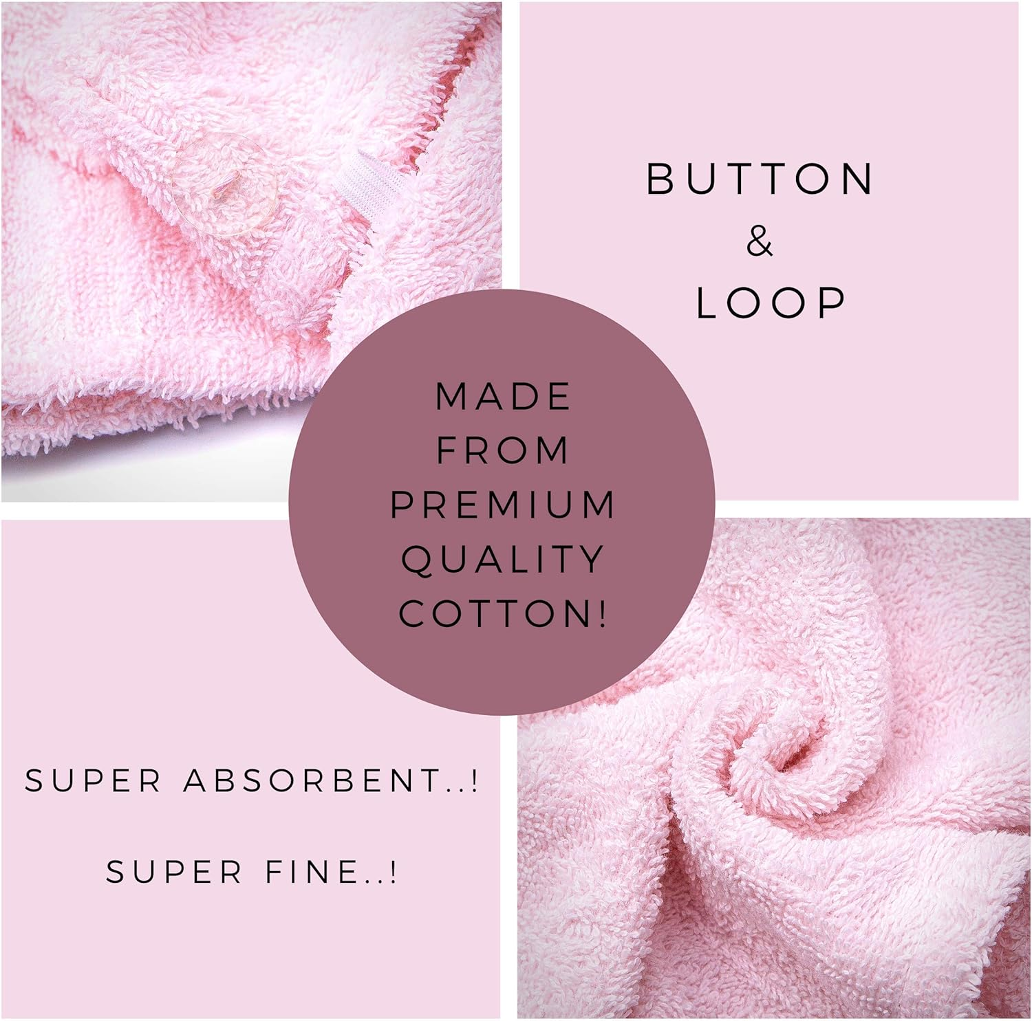 KEEPOZ Hair Towel Wrap Quick Dry 100% Cotton Super Absorbent Turban Head Wrap for Women with Button, Non Microfiber anti Frizz Hair Products, Hair Cap for Curly, Long & Thick Hair (Pink, 1 Pc) - Grey Check image number 4