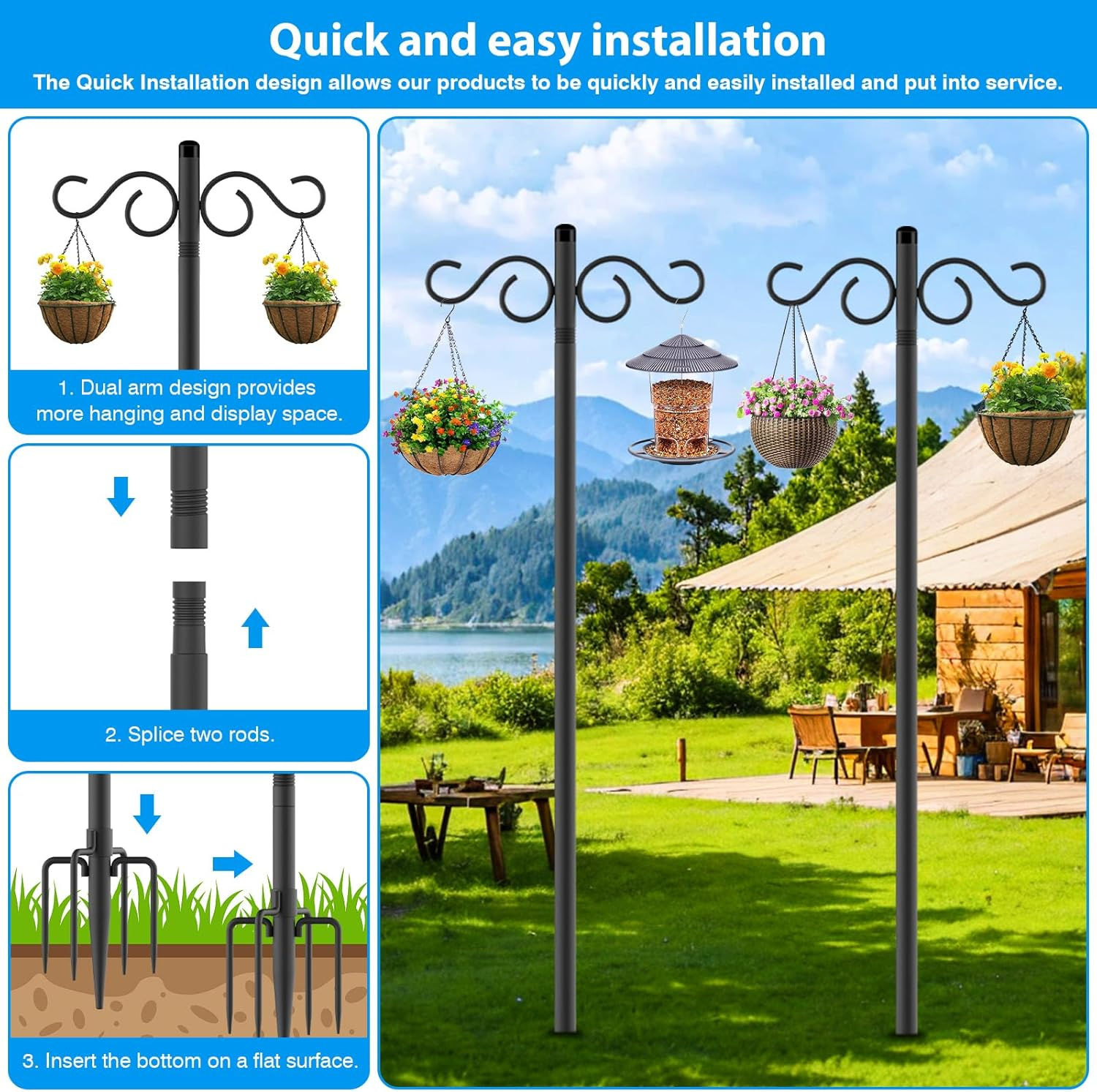 Adjustable Shepherd Hooks for Outdoor,2 Pack 90 Inch 5 Prong Base Bird Two Sided Feeder Poles,Heavy Duty Shepherds Hook,Suitable for Garden in Hanging Flower Basket,Lantern,Bird Nests image number 2