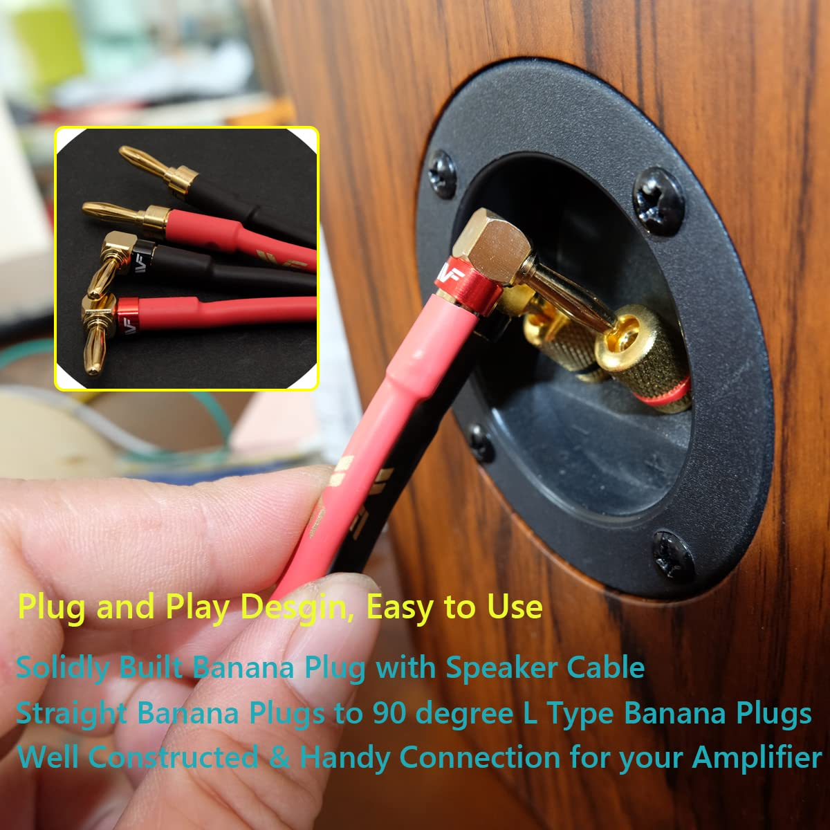 UCINNOVATE 2 Pack 14 AWG Speaker Wire with Banana Plugs, 2X 3M Hifi OFC Speaker Cable with Gold-Plated Right Angle Banana Plugs to Banana Plugs Audio Cable Speaker Cord for Audiophile (3M / 9.8FT) image number 4