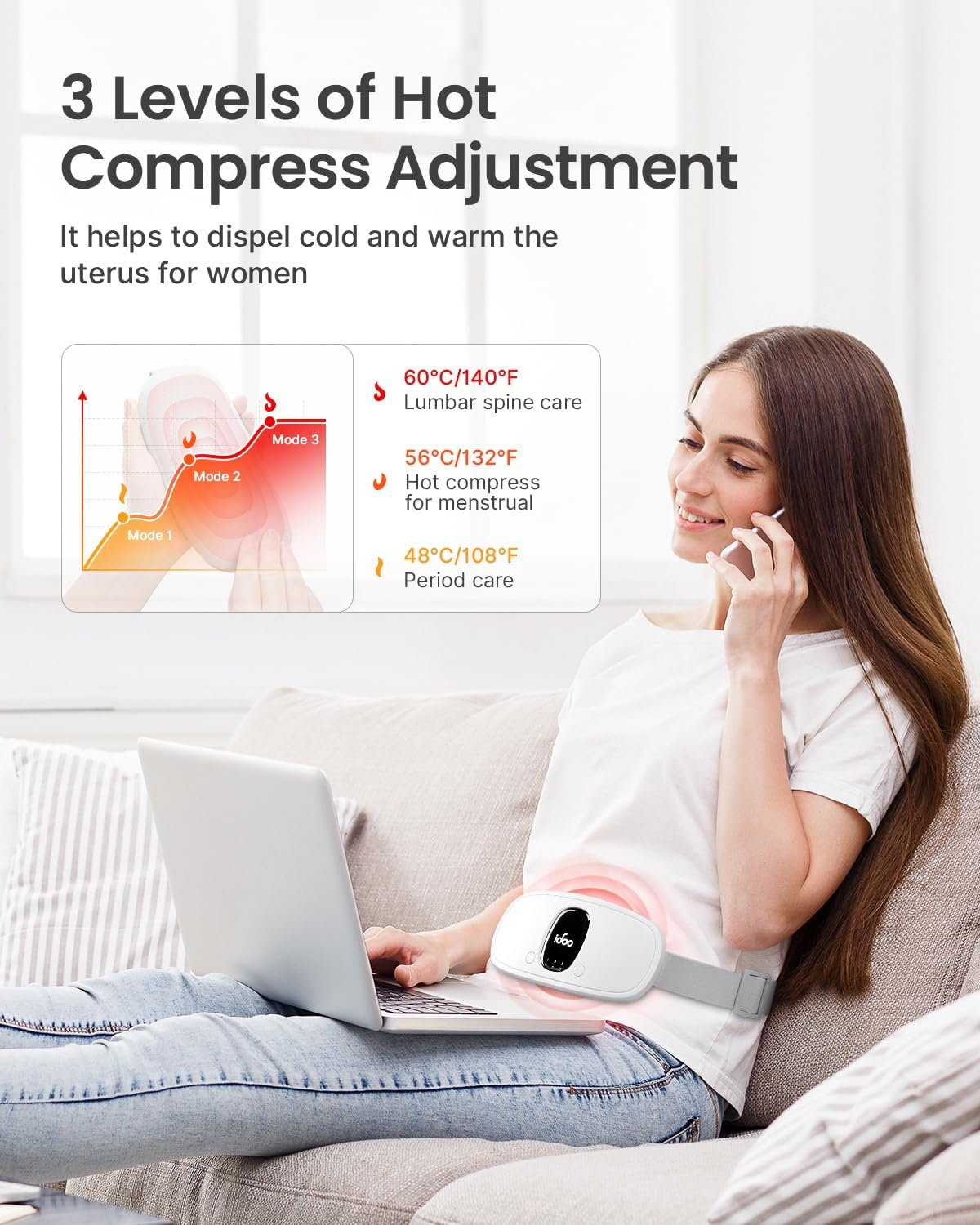 Idoo Heating Pad for Cramps, Cordless Portable Menstrual Heating Pad for Pain Relief with 3 Heat Levels and 3 Vibration Massage Modes, Fast Back or Belly Heating, Ideal Gifts for Women, Girls (White)
