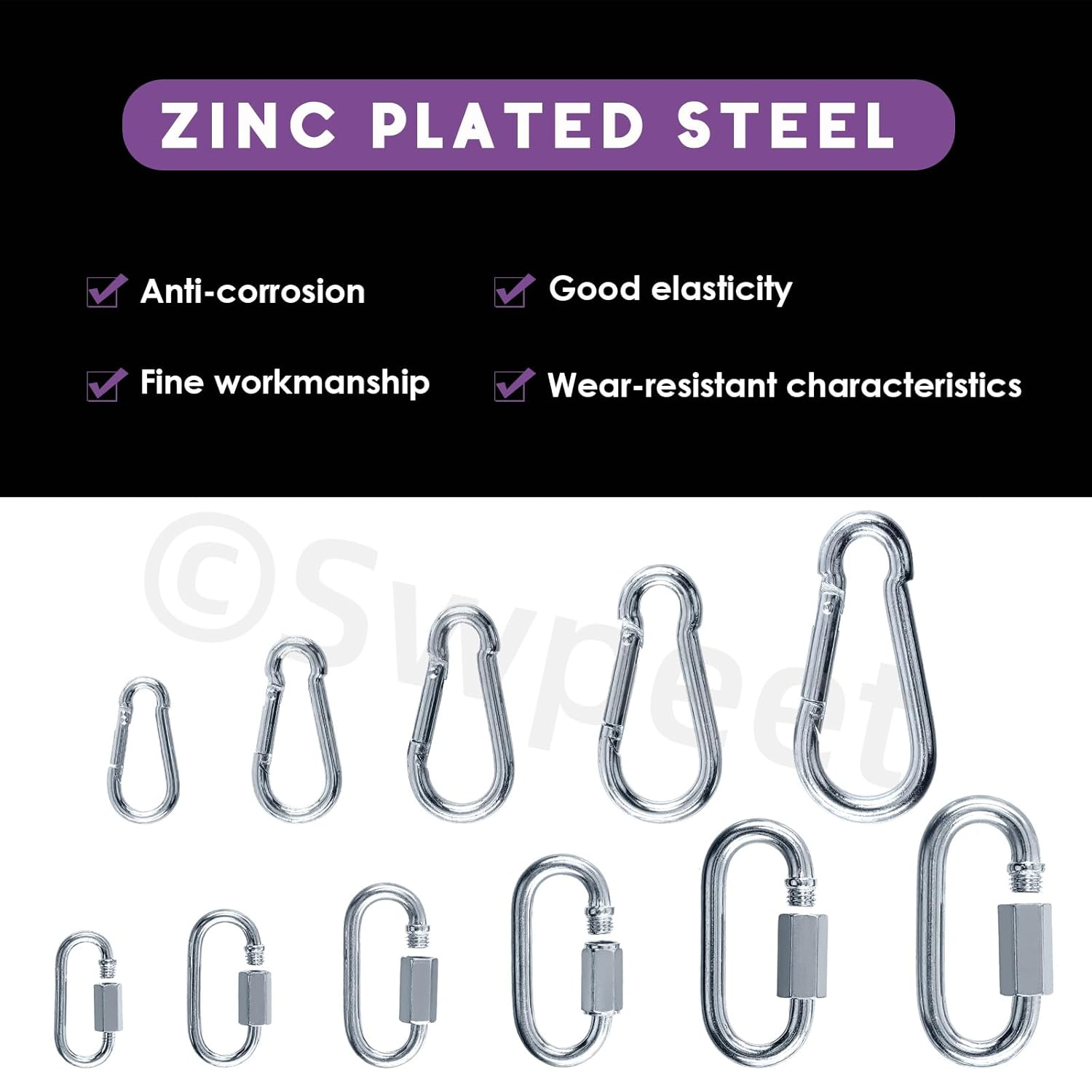 Swpeet 30Pcs M3.5 M4 M5 M6 M7 M8 Galvanized Safety Chain Quick Link and Galvanized Spring Snap Hook Assortment Kit, Heavy Duty Chain Connector Chain Coupler D Shape Locking image number 5