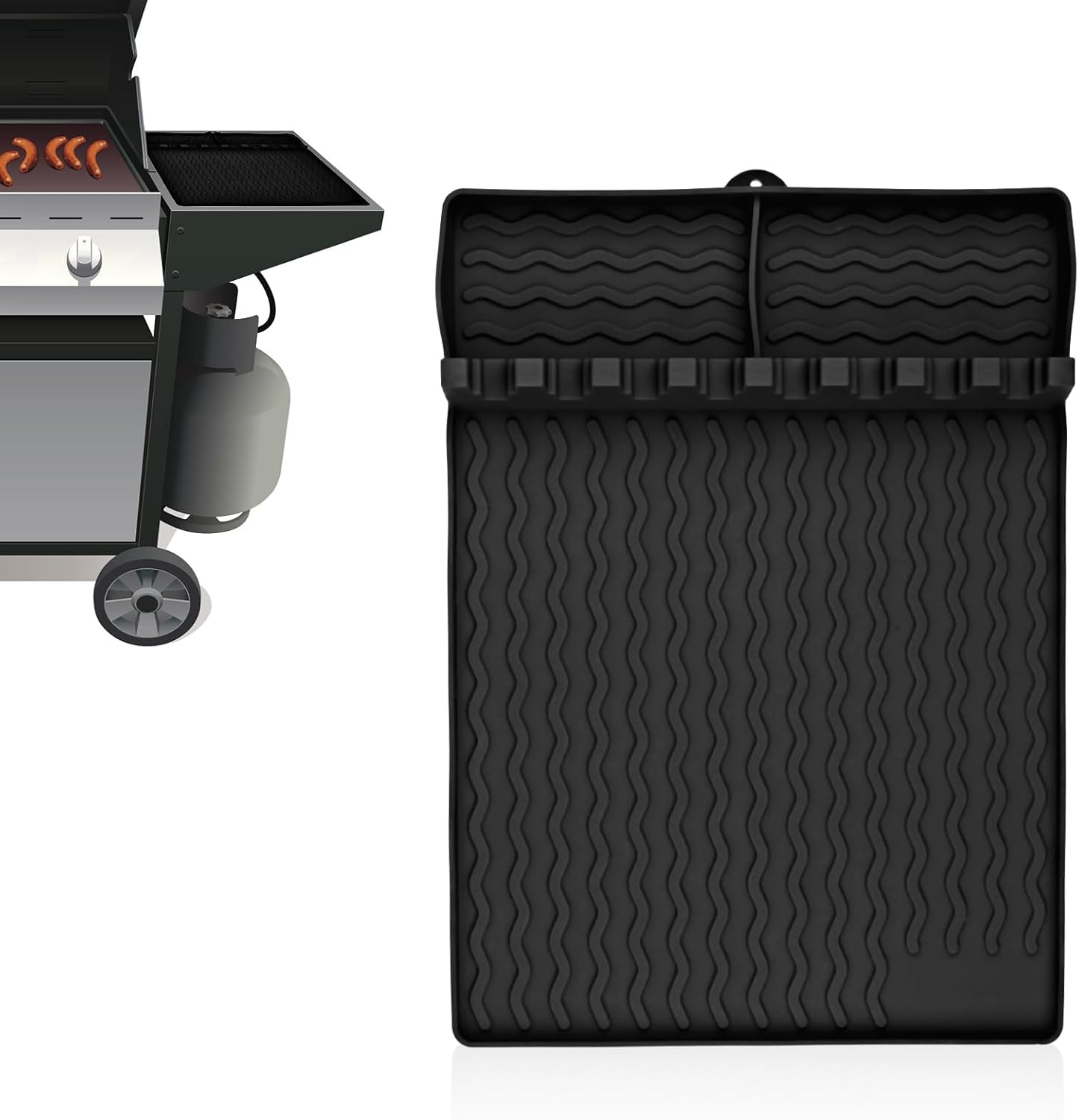 PEUTIER Silicone Griddle Tools Mat, Spatula Mat Griddle for Blackstone, Grill Utensil Resting Pad with 8 Slots Heat Resistant Grill Side Shelf Mat Holder for Kitchen Cooking Countertop (Black)