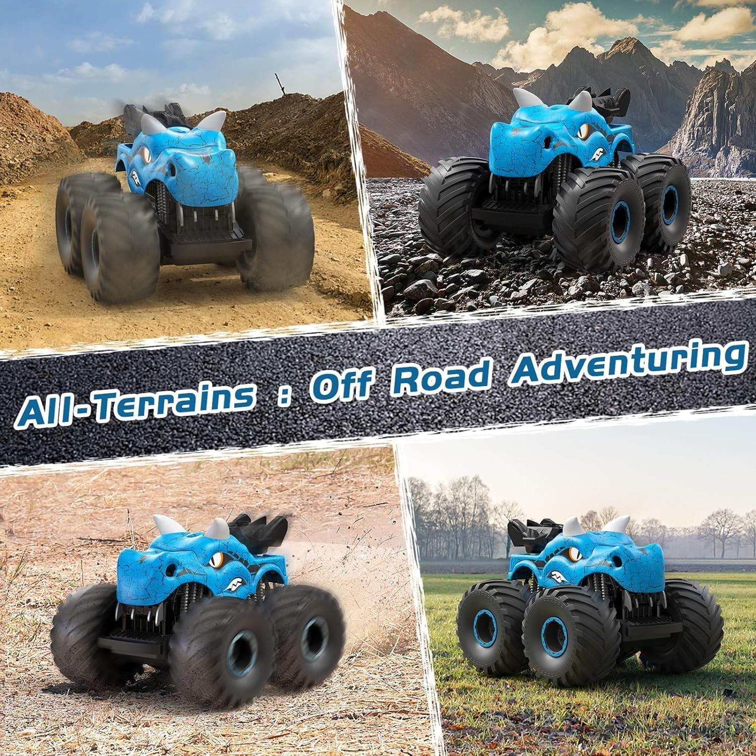 Remote Control Dinosaur Car, 2.4Ghz RC Monster Trucks for Boys with Spray, Light & Sound, All Terrain RC Cars with 2 Batteries, Dinosaur Toys for Kids 3 4 5 6 7 8, Christmas Birthday Gift (Blue) image number 3