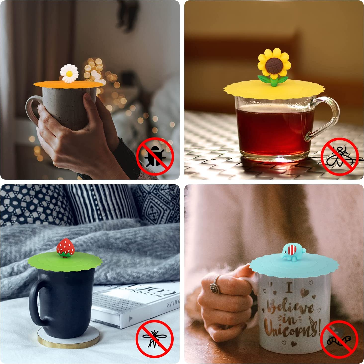 KINBOM 8Pcs Silicone Cup Lids, Colorful Anti-Dust Mug Cover - Cute Reusable Lids for Cups, Mugs, Beer Glasses - 8 Styles image number 5