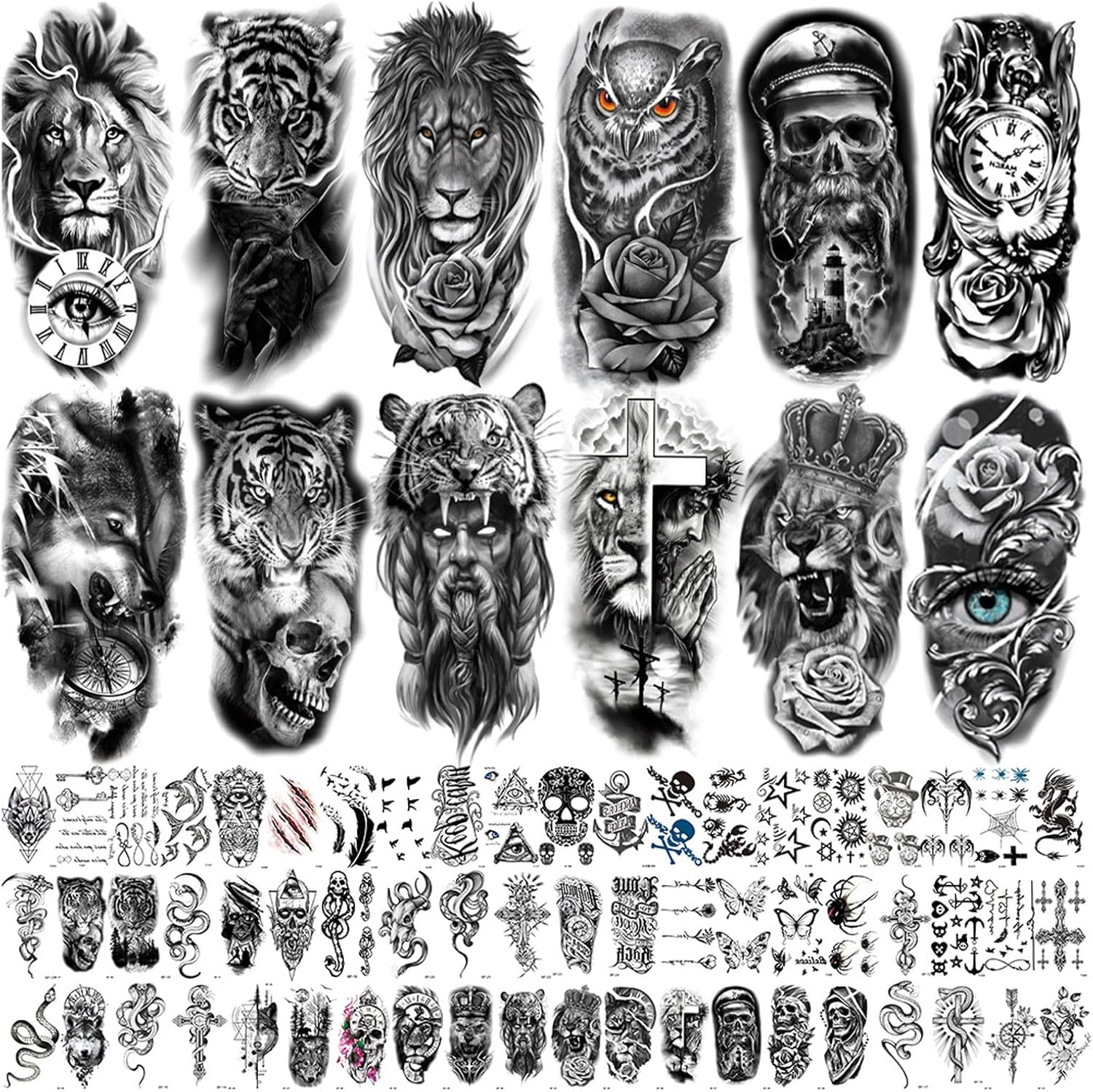 72 Sheets Large Half Arm Sleeve Temporary Tattoos for Men Women Forearm, Tribal Wolf Tiger Lion Owl Skull Temp Halloween Fake Tattoo Stickers Adults, Black Realistic Tattoo Flower Rose Animals image number 5