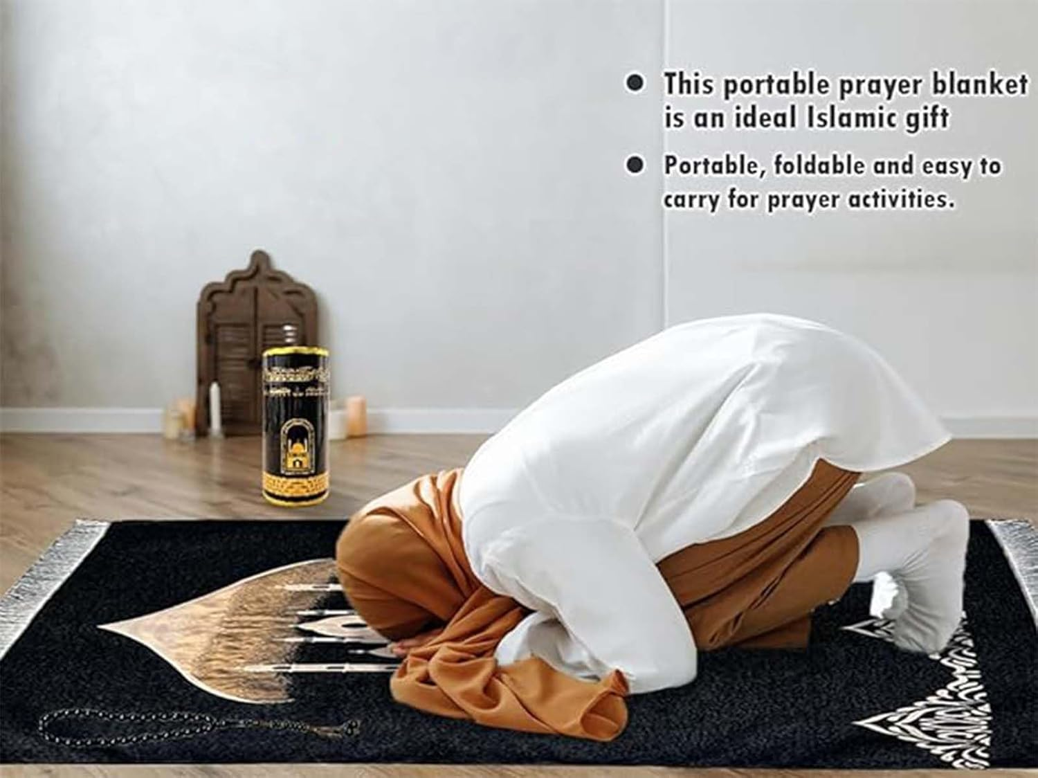 Muslim Prayer Rug & Beads Set with Stylish Cylinder Gift Box Ultra-Soft Taffeta Prayer Mat Perfect Islamic Spiritual for Ramadan Islamic Arabesque Pattern 120 * 70Cm