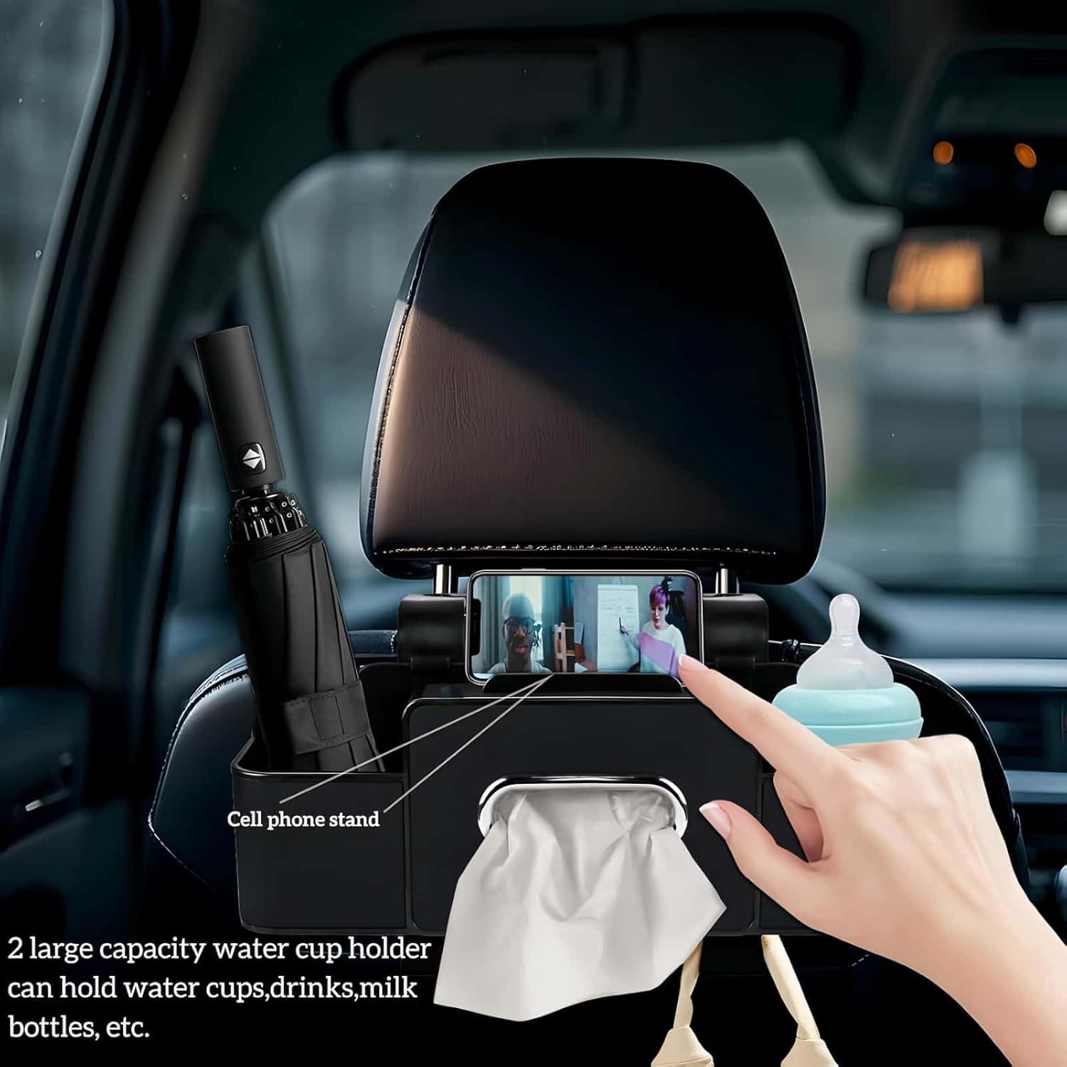 Car Backseat Organiser with Cup Holders & Storage Hooks, Holds Phones, Drinks, Snacks & Bags, Compatible with Most Vehicles image number 3
