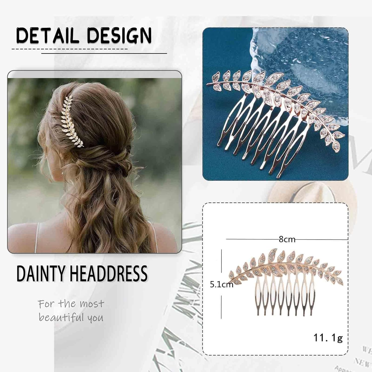 Enautoabs Vintage Gold Leaf Wedding Hair Comb Crystal Leaf Side Comb Large Metal Leaves Hairpiece Bridal Headwear Decorative Accessories for Women Headpiece image number 5