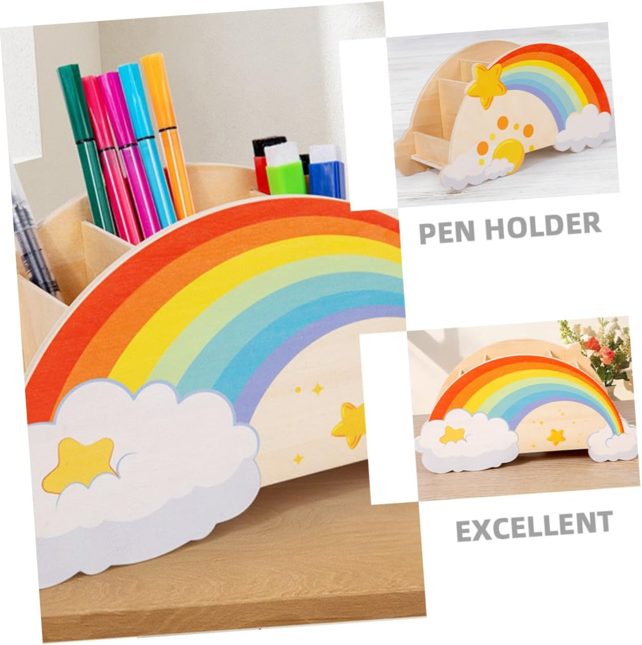 ARTIBETTER Rainbow Wooden Pen Holder Pencil Organizer for Boys and Girls Classroom School Makeup Brush Storage Cute Desktop Stationery Organizer image number 4