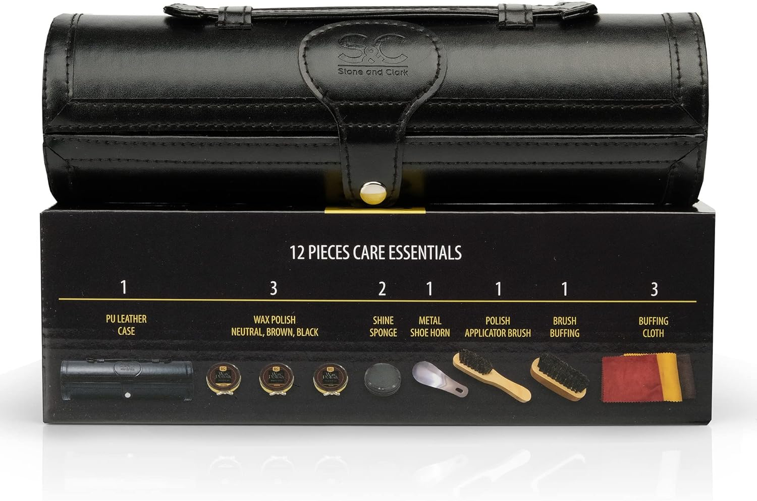 Stone & Clark 12PC Shoe Polish & Care Kit, Leather Shoe Shine Kit with Brown Wax, Shoe Brushes for Polishing (Case: Classic Black)&hellip; image number 1