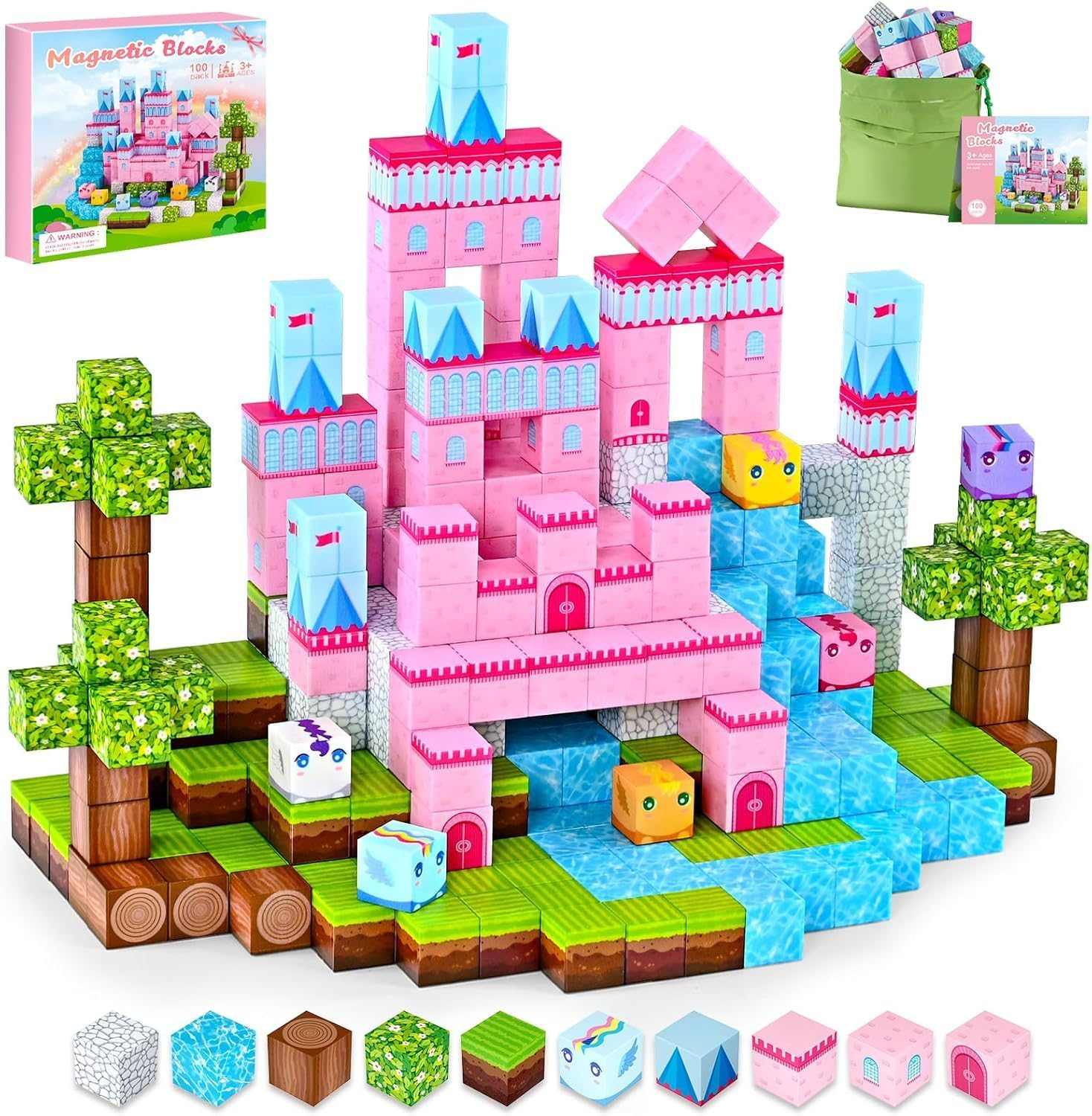 Magnetic Blocks for Girls Toys - 100PCS Magnet Castle Building Set, Sensory Toys for Toddlers, Magnetic Tiles Toys Gifts for Kids Age 3+, Fidget Cubes Construction Toys for Christmas, Birthday