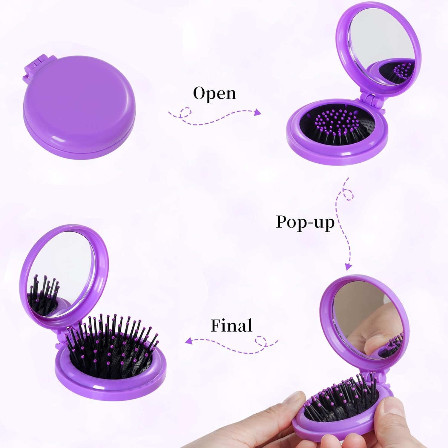 OJIOUI 2Pcs Mini Folding Hair Brush with Mirror round Small Portable Pocket Hair Brush Travel Size Mini Pop up Hairbrush for Women Girls (Rose Red, Purple) image number 6