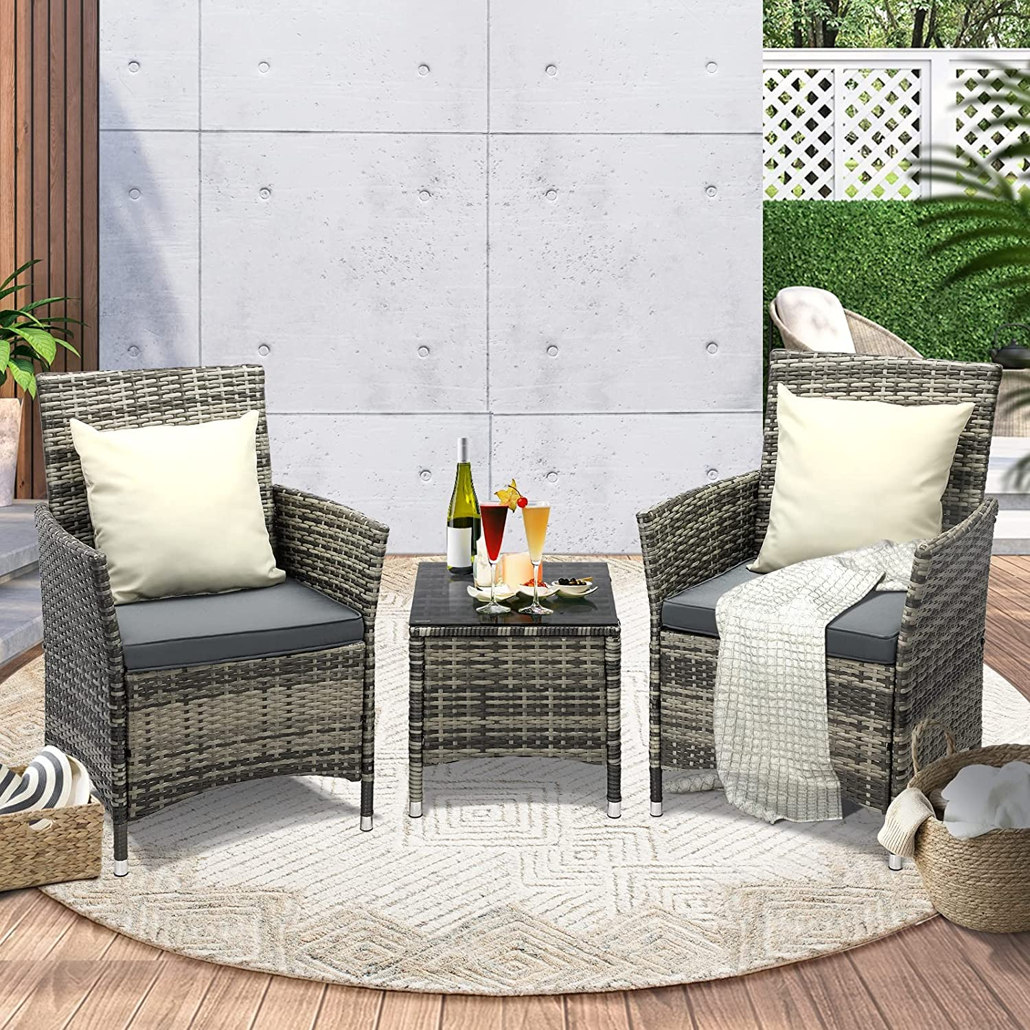 Livsip 3Pcs Outdoor Furniture Table and Chairs with Pillow Grey