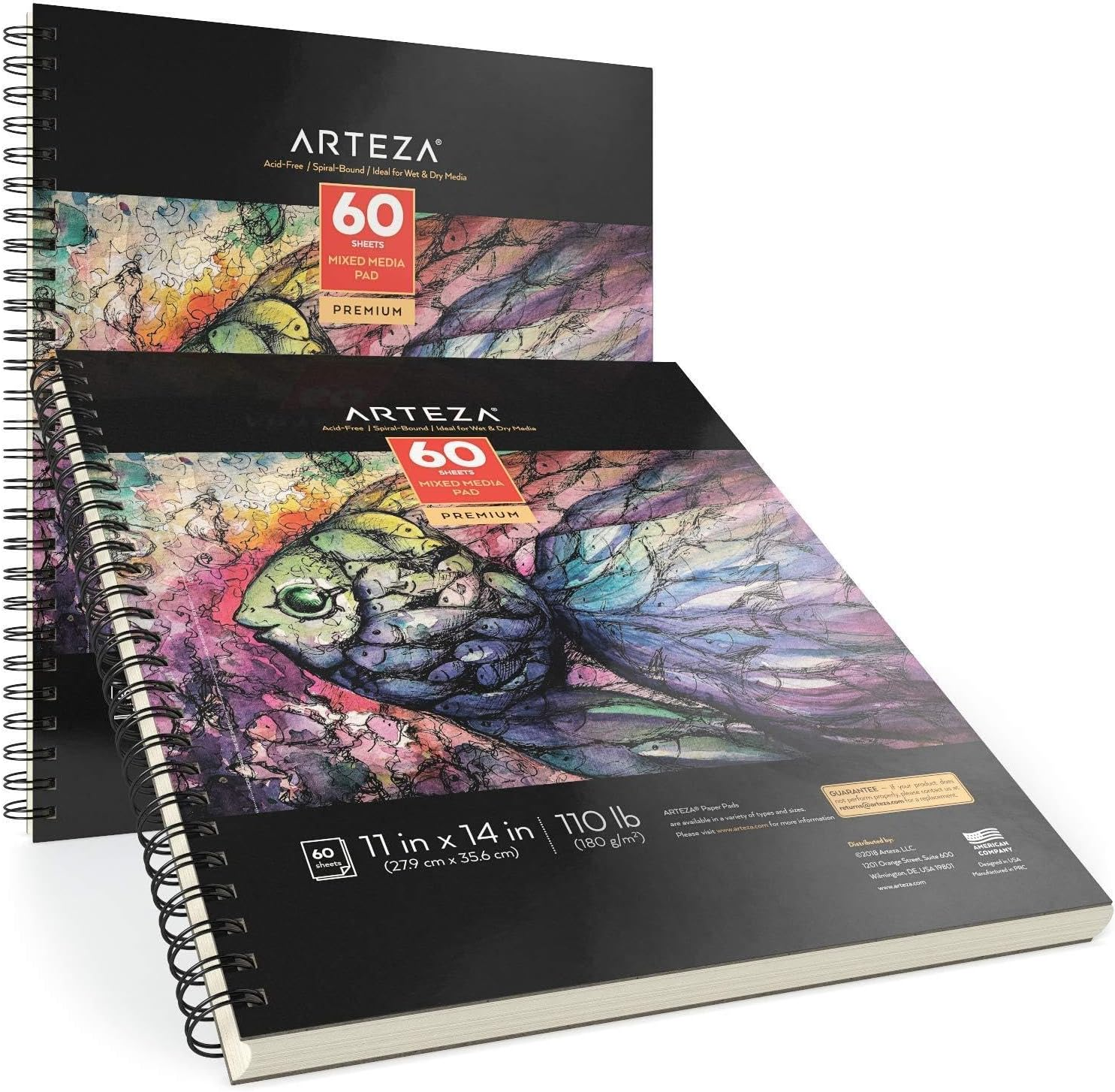 ARTEZA 11X14 Mixed Media Sketch Book, 2 Pack, 110Lb/180Gsm, 120 Sheets (Acid-Free, Micro-Perforated), Spiral-Bound Pad, Ideal for Wet and Dry Media, Sketching, Drawing, and Painting
