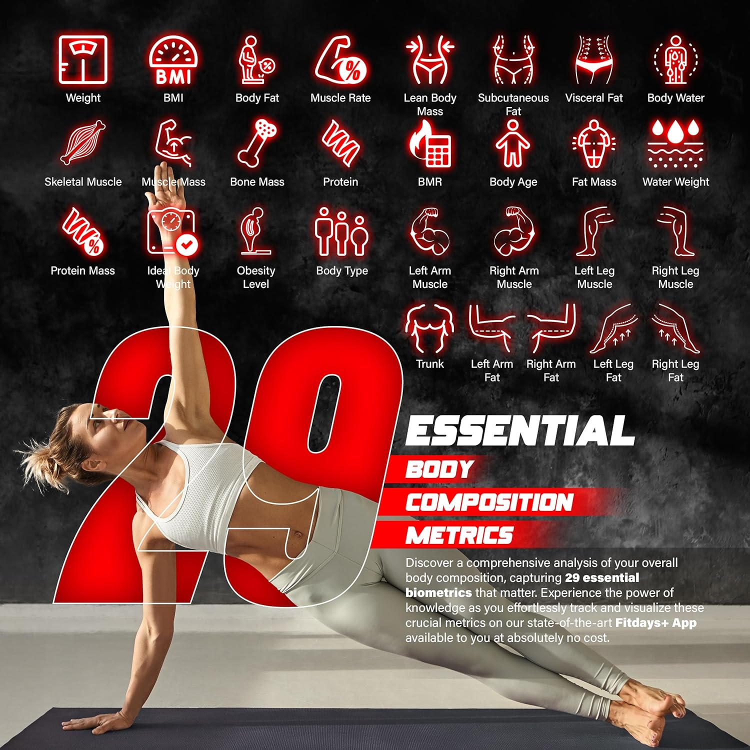 Smart Body Composition Scale with Bluetooth App &ndash; Digital Bathroom Weighing Scale for Weight, Fat, BMI & Muscle &ndash; Body Scanner Analyzer with 29 Metrics, Accurate Smart Fitness Scale