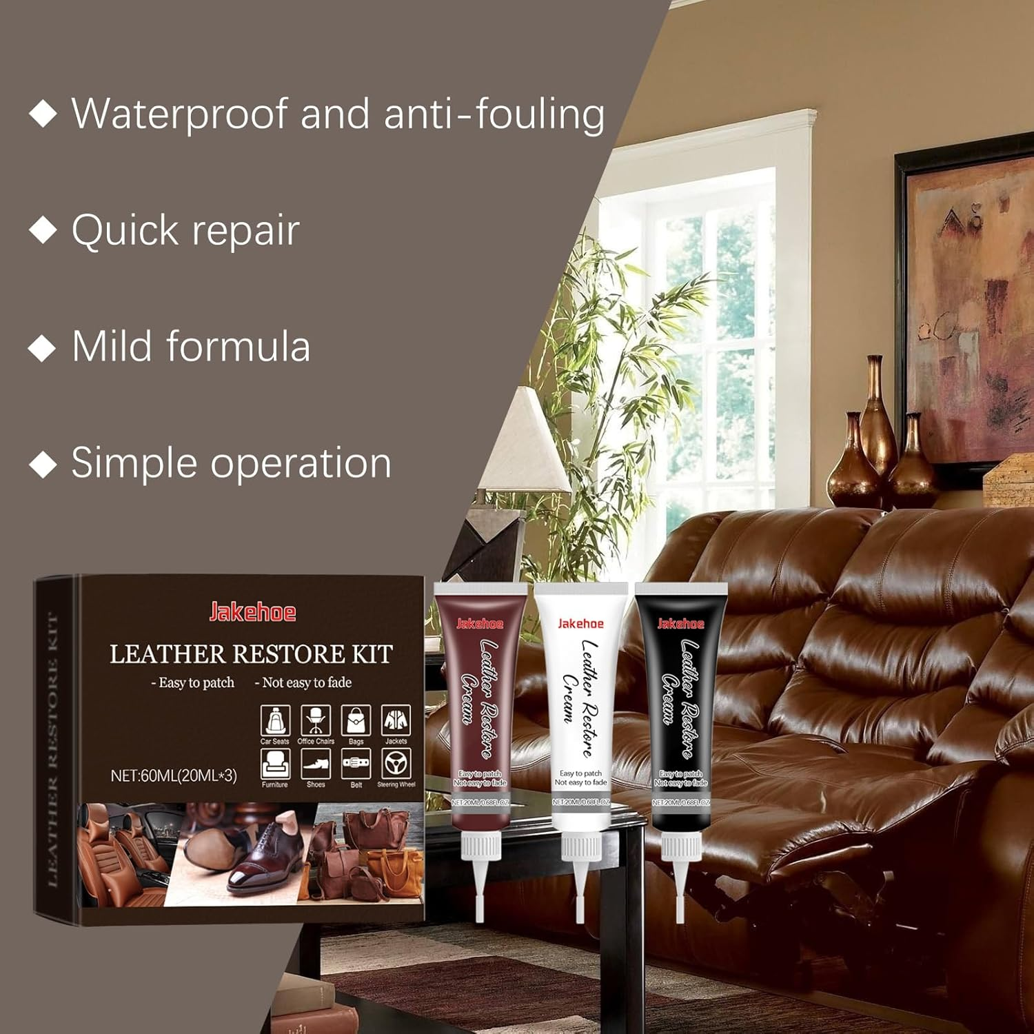 Leather Restore Kit, 60Ml Repair Cream Set with Accessories, 3 Colors image number 6