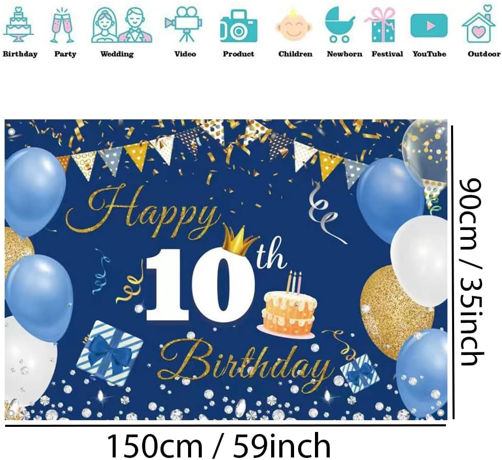 10Th Birthday Decorations Happy 10Th Birthday Backdrop Banner for Boys/Girls Happy 10 Years Old Fabric Sign Poster, Blue Photography Background 10Th Birthday Party Supplies, 59"X35.4" image number 4