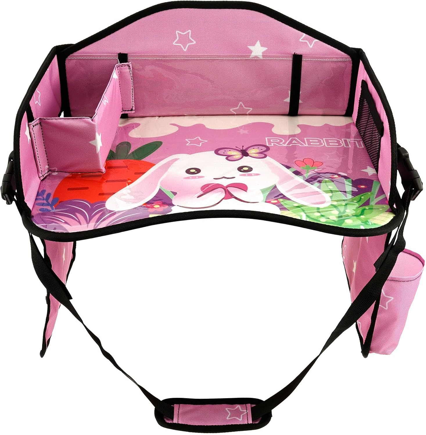 Kids Travel Tray, Portable Waterproof Kids Road Trips Car Seat Tray with Padded Shoulder for Road Trip Activities and Airplane Use​ 43.6X33X25Cm (Pink)