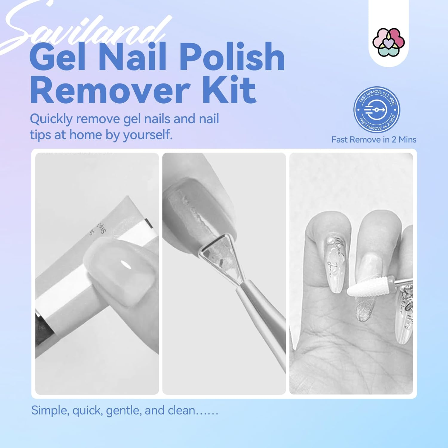 Saviland 2 Minutes Quick & Easy Gel Nail Polish Remover Kit: 2PCS Soak-Off Gel Polish Remover Rich in Castor Oil & Vitamin E, with Cuticle Oil Pen Nails Tools for Nail Tips, Acrylic Dip Powder Removal image number 5