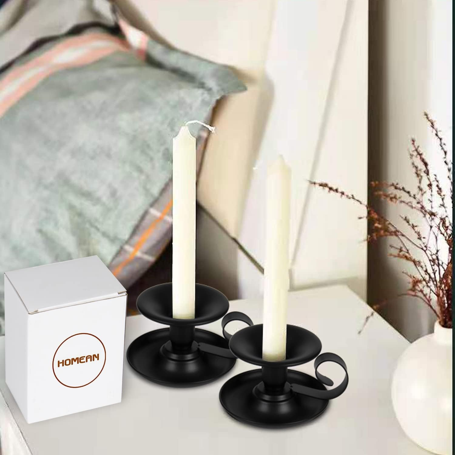 Taper Candle Stick Holder, 2Pcs Retro Iron Simple Black Candlestick Holders Candlelight Stand for Party Wedding Christmas Table Home Decoration(Black,2Pcs) image number 4