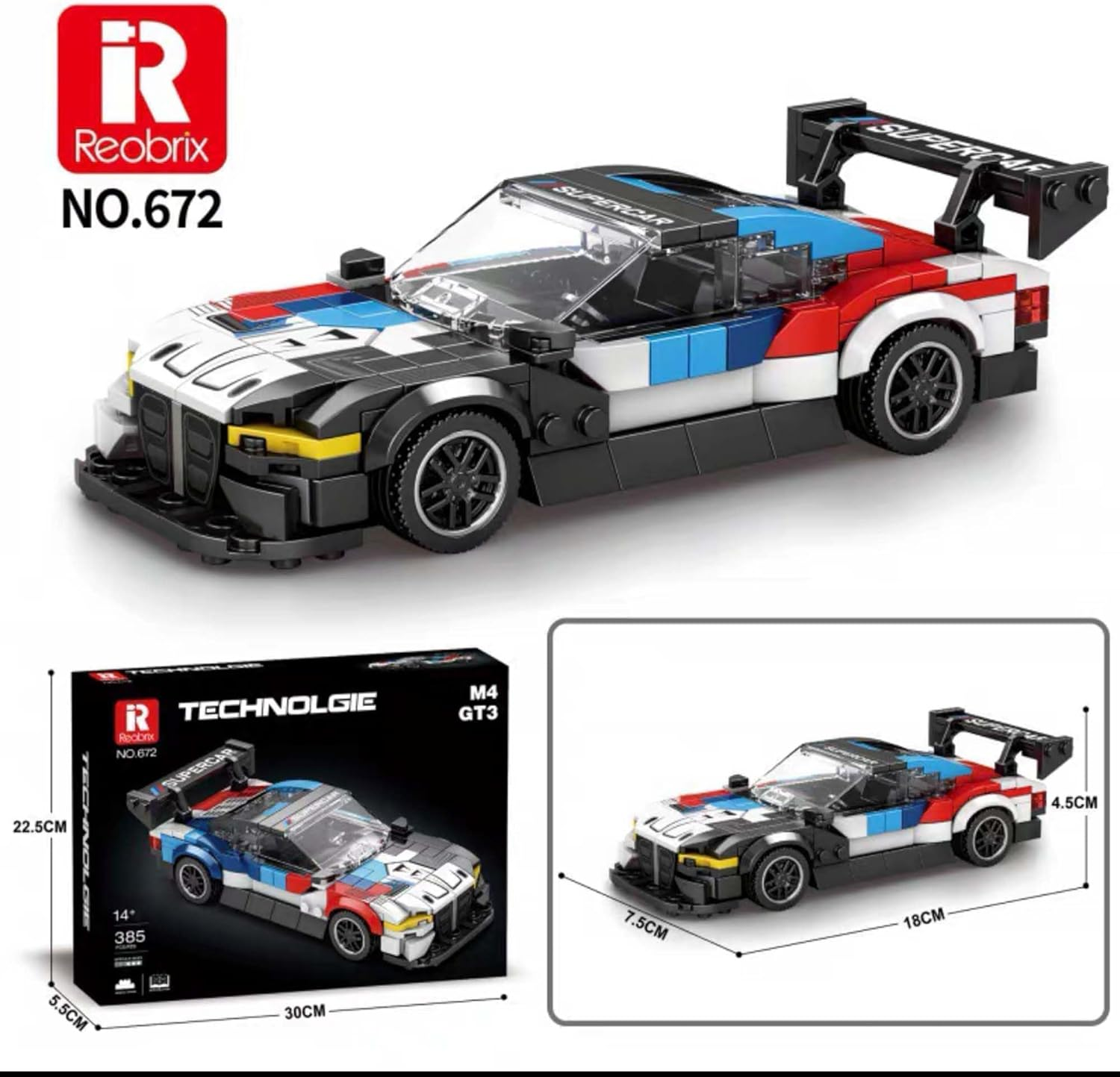 Reobrix 672 BMW M4 GT3 Toy Car Building Blocks, Model Cars Building Kit for Display and Collectible, Race Car Building Toy for Boys and Adults, Compatible with , 385 Pieces
