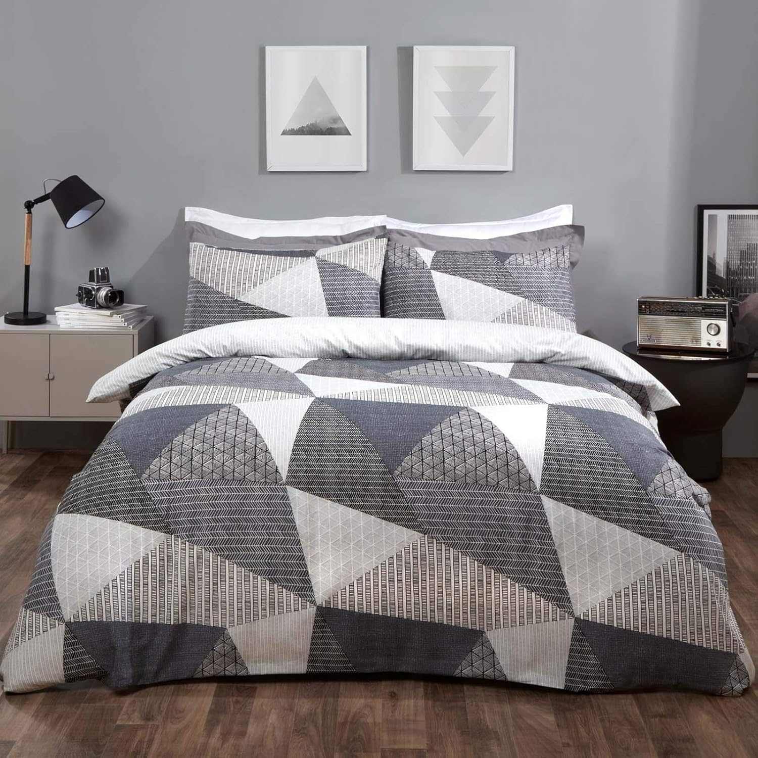 Dreamscene Geometric Duvet Cover with Pillowcases Textured Scandi Bedding Set, Black Charcoal Silver Grey -3 Pieces King Size image number 2
