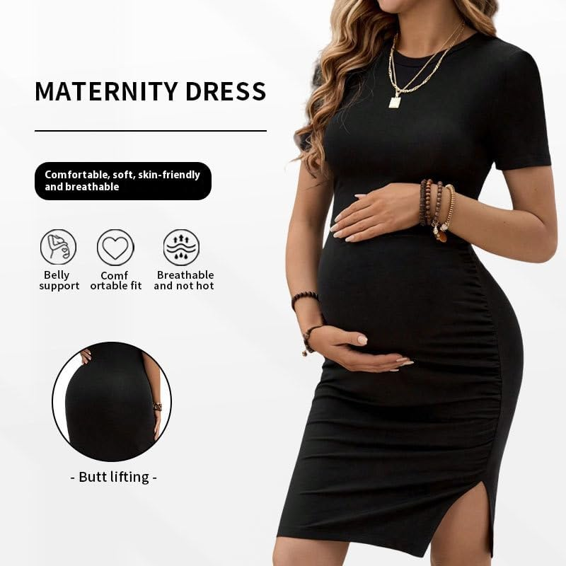 Women'S Maternity Dress, round Neck, Knee Length, Black, Casual Wear image number 4