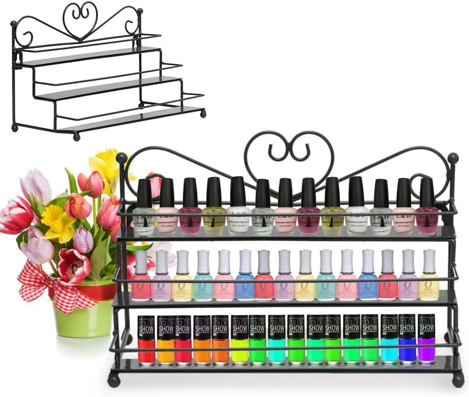 Nail Polish Wall Rack 3 Tiers Metal Nail Polish Organizer Shelf Rack Table Top Display Rack Stand, for Essential Oils, Lipsticks & Cosmetics, Salon or Home Use image number 1